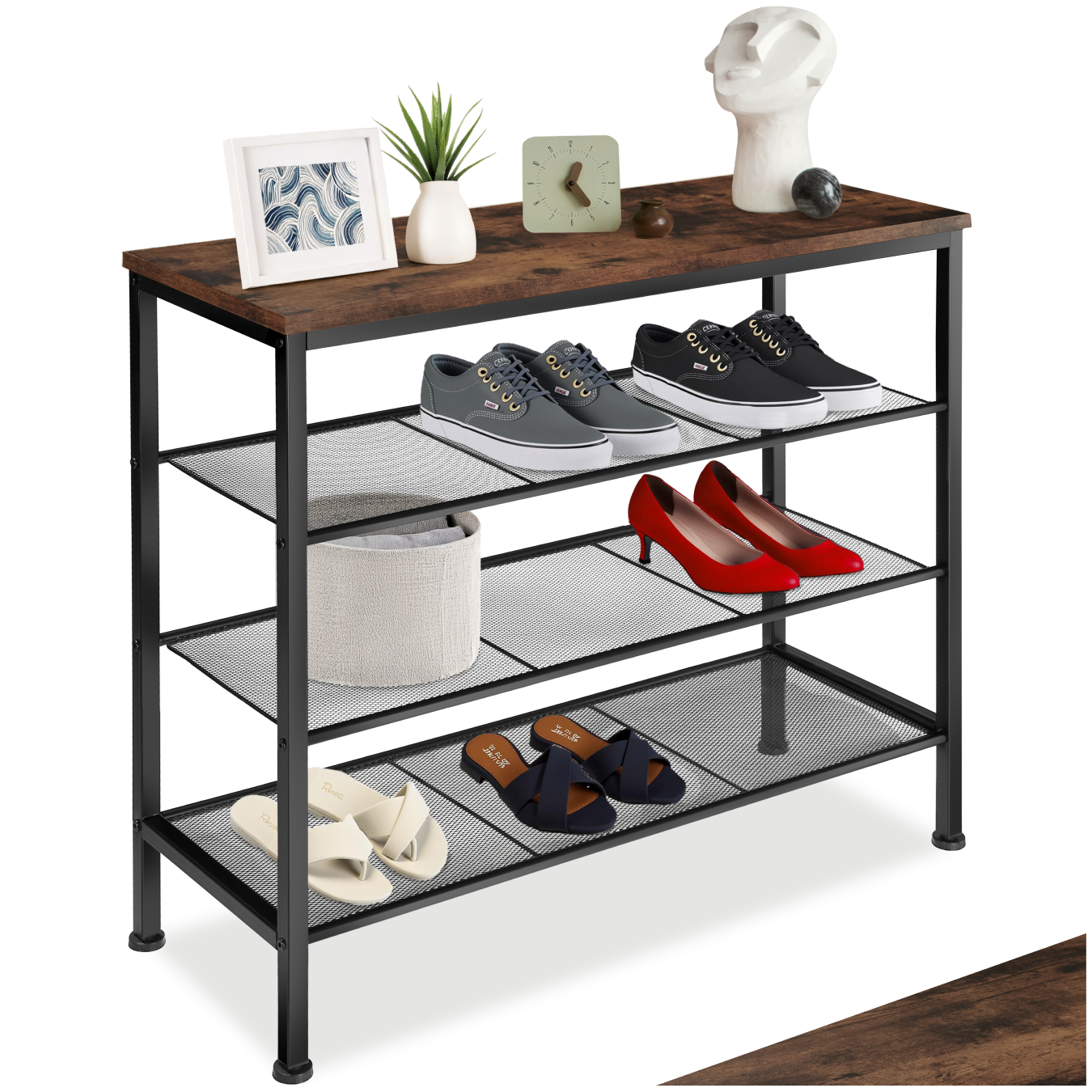 Shoe Rack Newport - surface shelf and 3 grid shelves, industrial style - Industrial wood dark, rustic | tectake