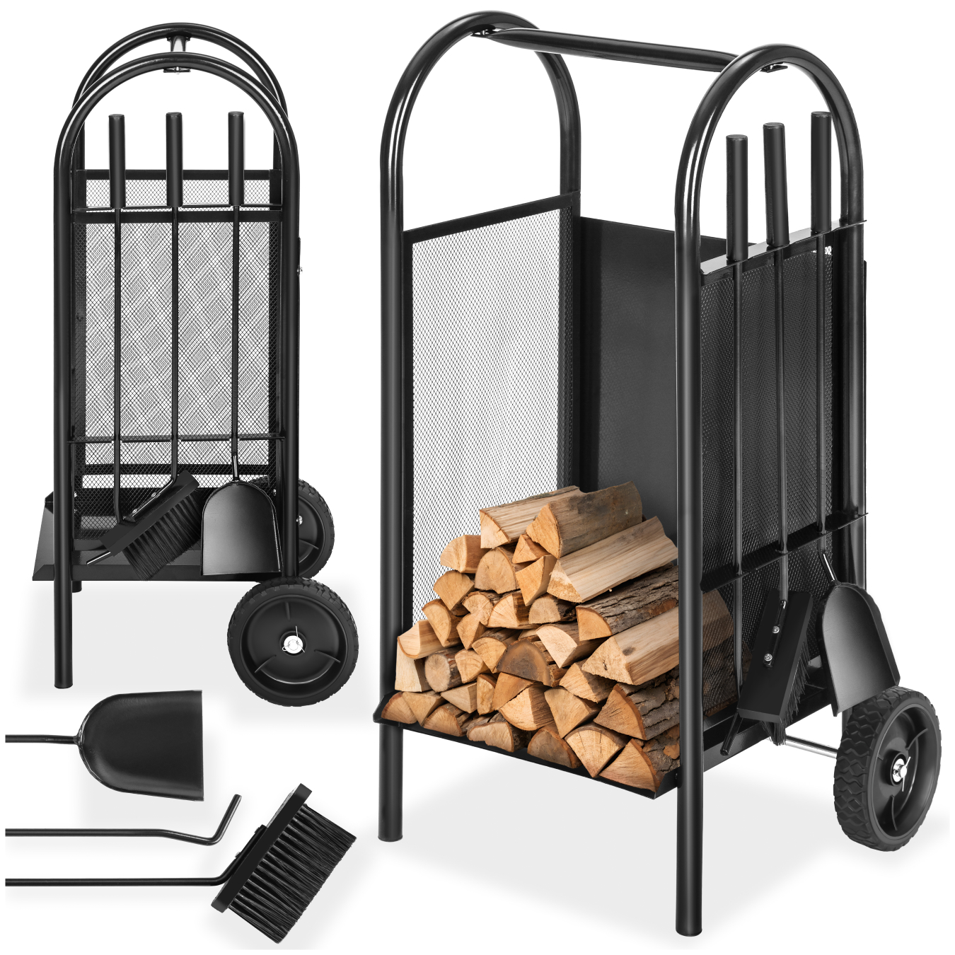 Log Holder - fireplace wood storage, with broom, shovel and poker - black