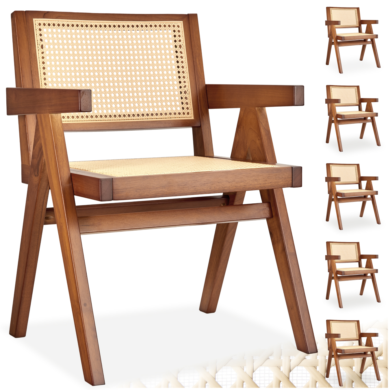 Chaise de salle à manger LISSY avec cannage viennois au style bohème - Chêne foncé, Lot de 6 | tectake