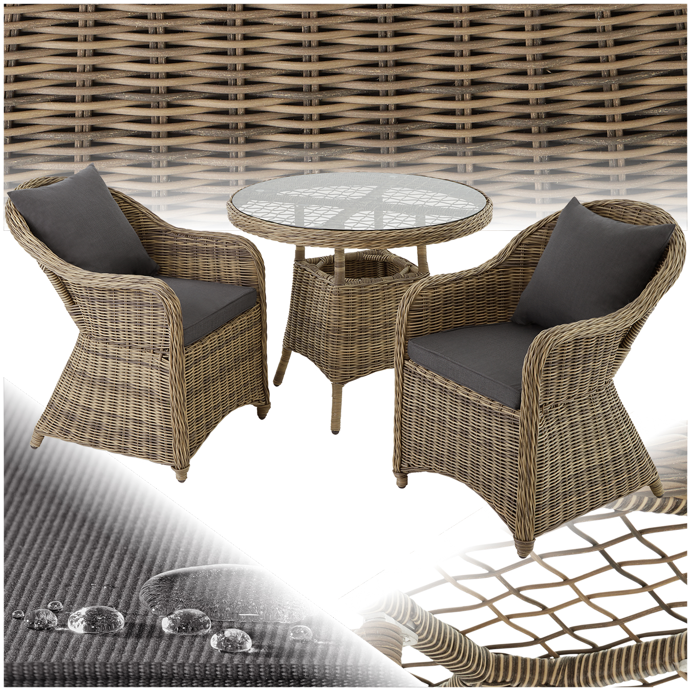 Ensemble de salon en rotin et aluminium Zurich 2+1 - marron naturel | tectake