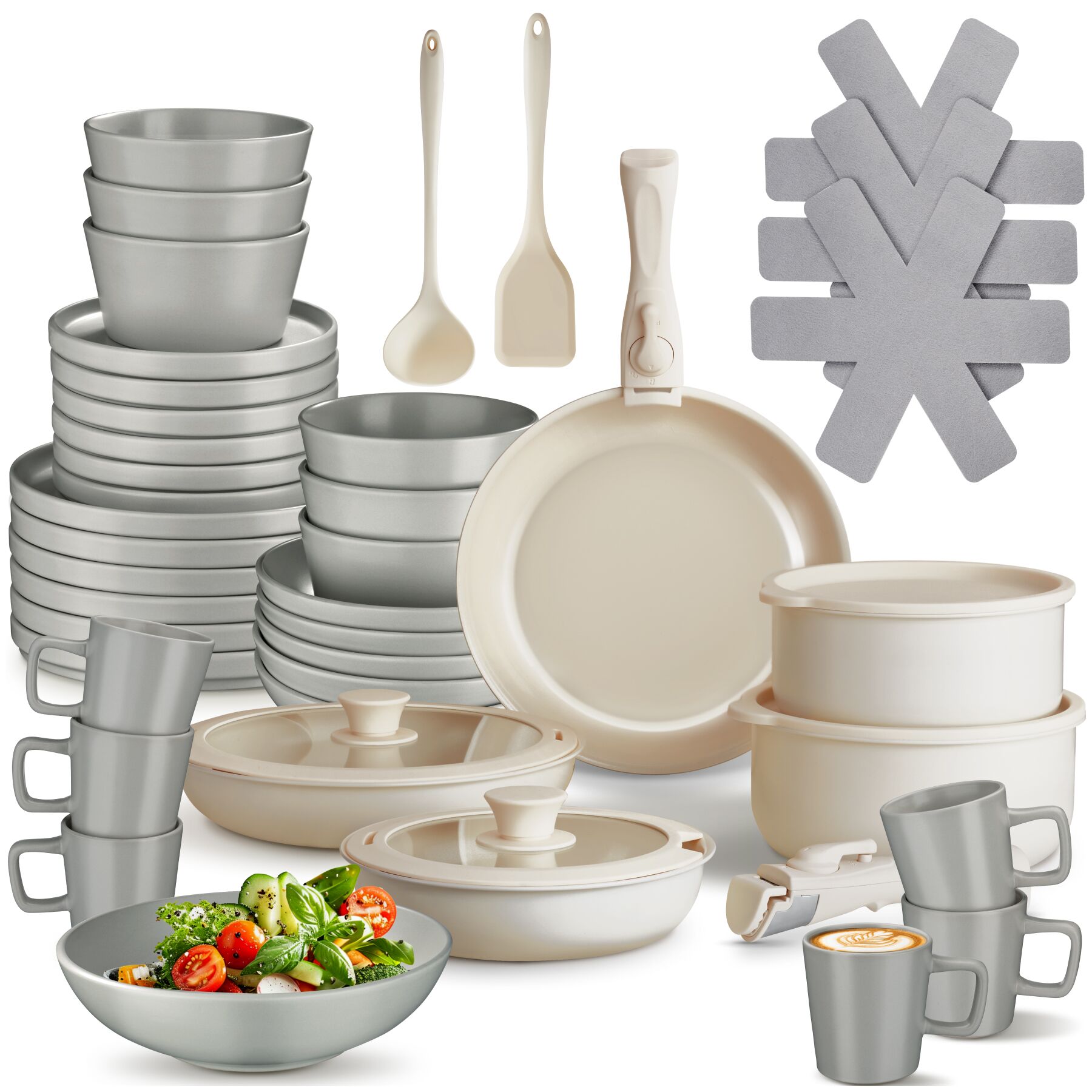 Kitchen starter set for 6 people with crockery, pots and more - grey/white, 46 | tectake