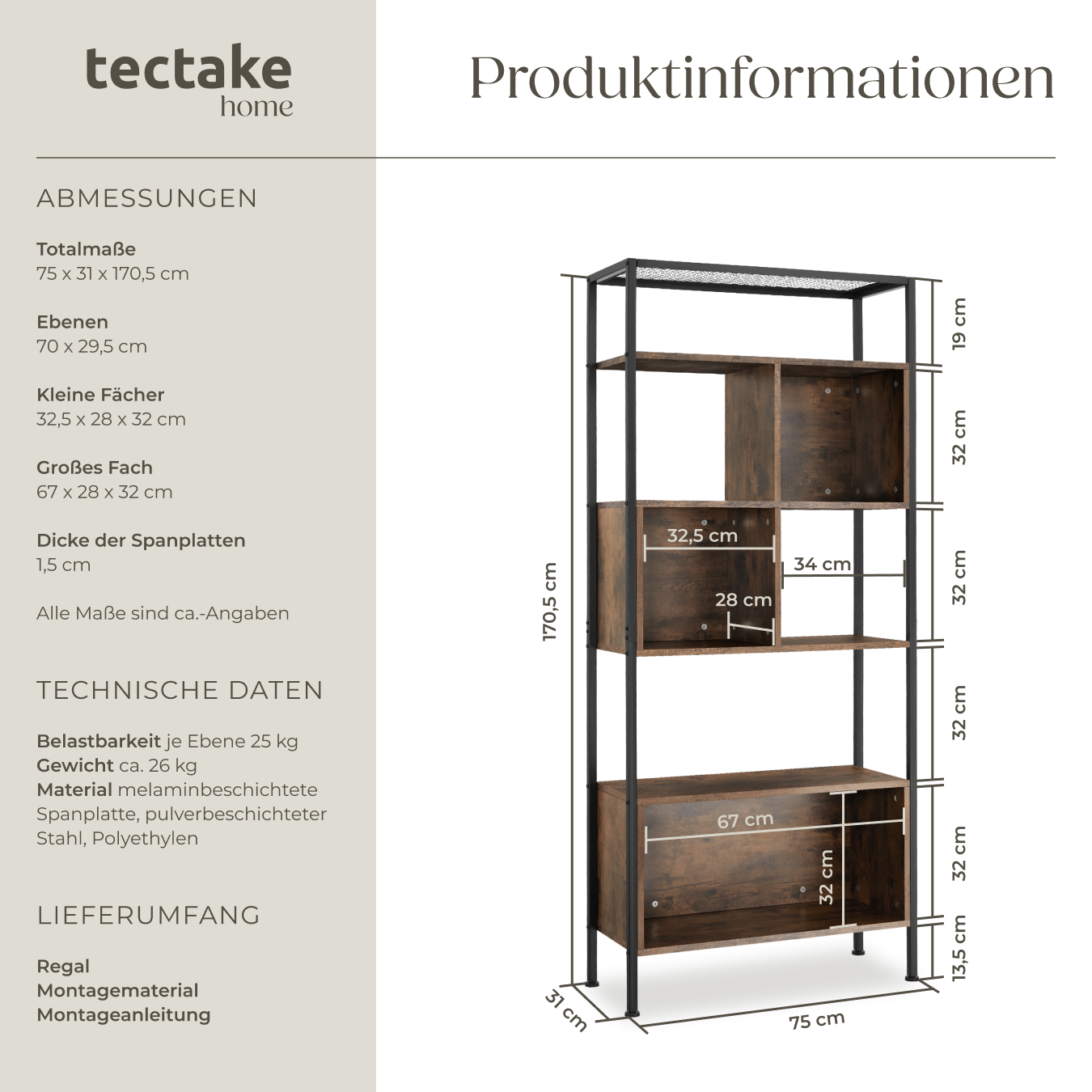Regal Standregal Bücherregal 5 Ebenen 3 Fächer Wandregal Holz Metall Industrie