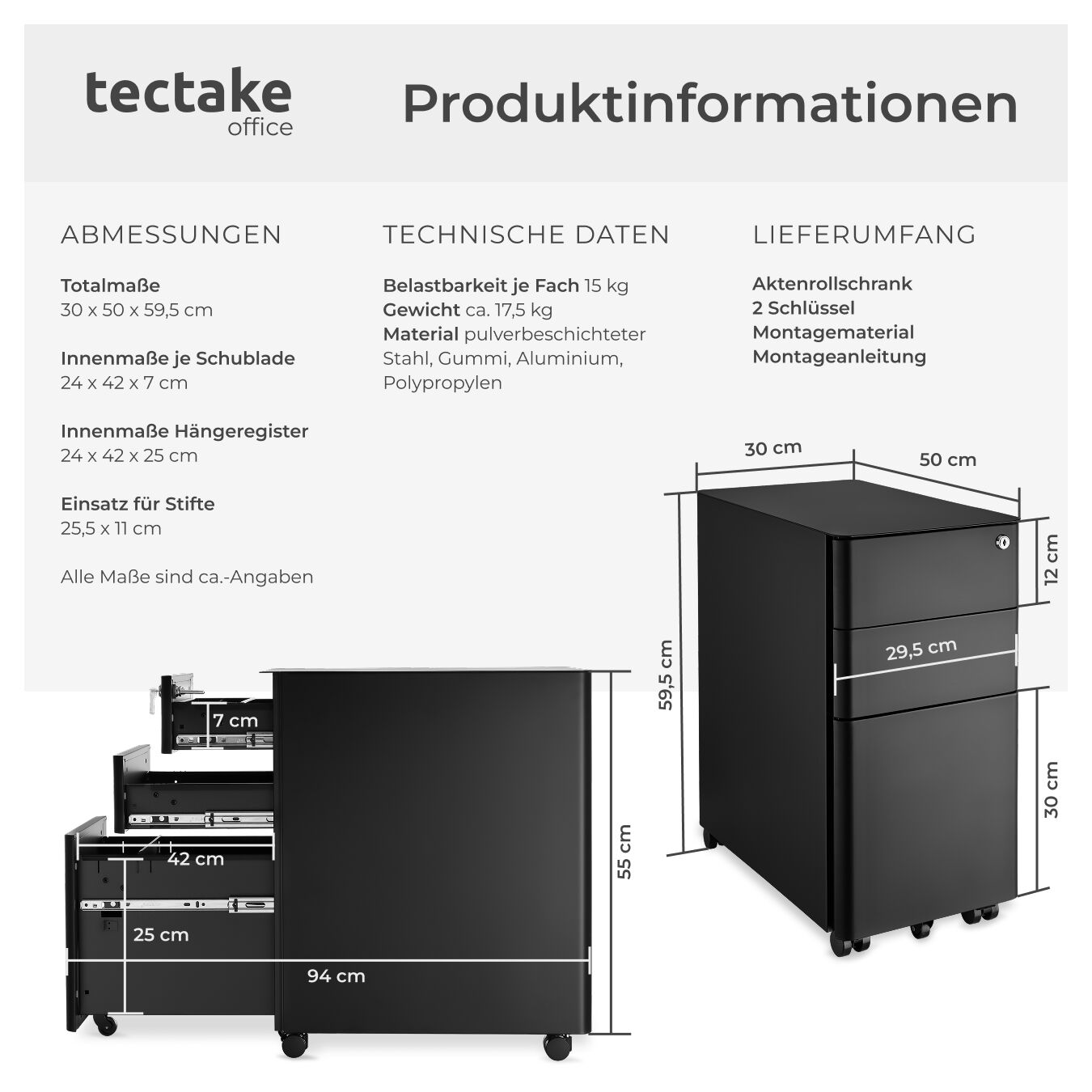 Rollcontainer 2 Schubladen Büroschrank Abschließbar Aktenschrank Hängeregister - Bild 7 von 25