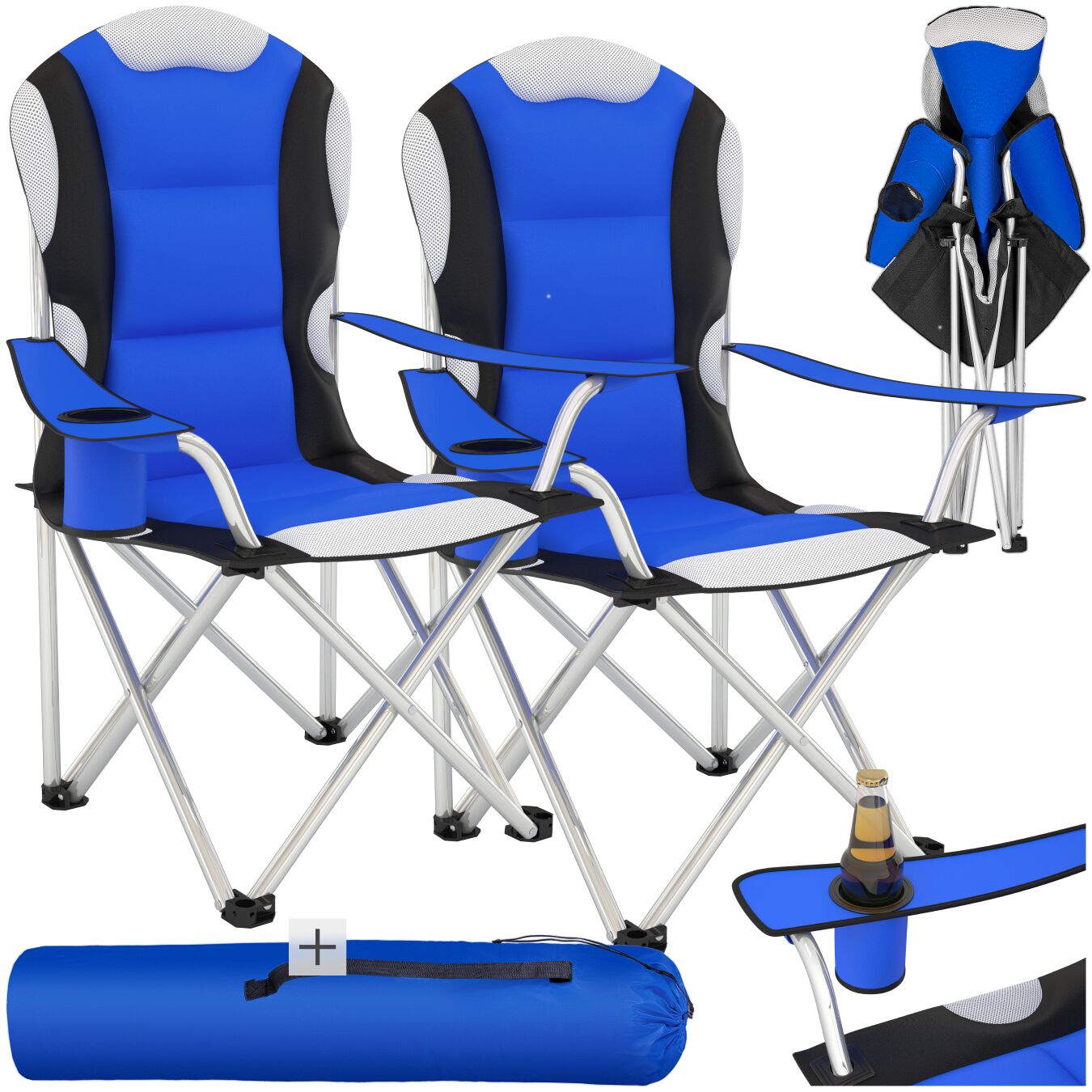 Camping chair - padded seat with carry bag - blue, Set of 2