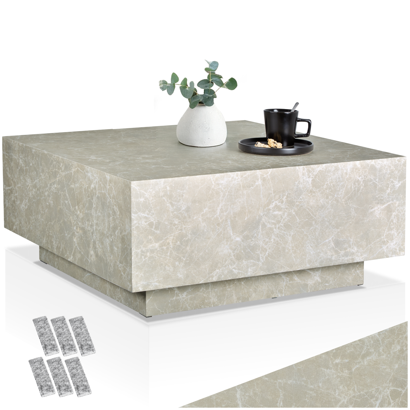 Table basse LASLEY avec pied - Aspect travertin, 80 x 80 x 35 cm