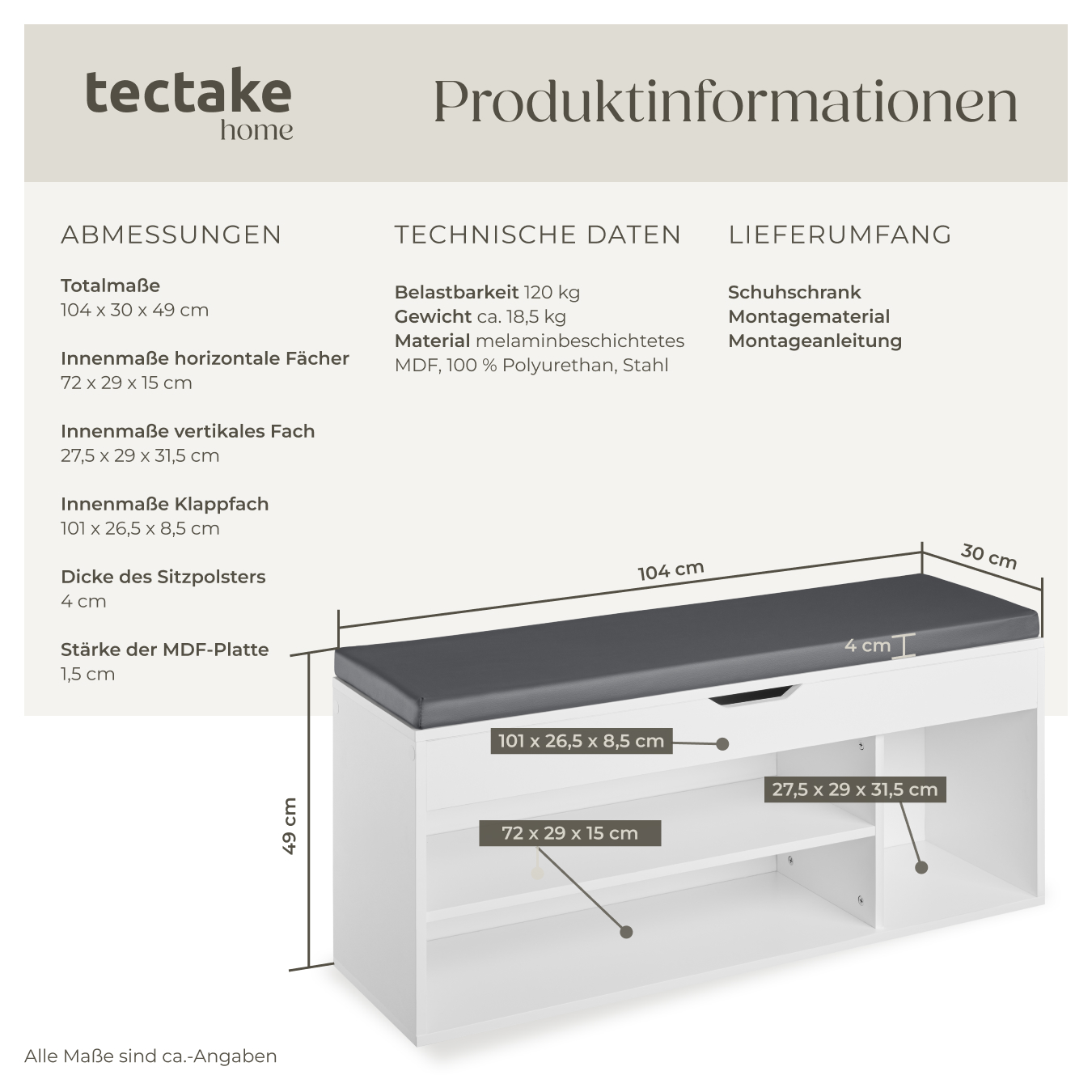 Schuhbank mit Sitzkissen Holz Schuhschrank Schuhregal Sitzfläche Klappfach 104cm - Bild 7 von 37