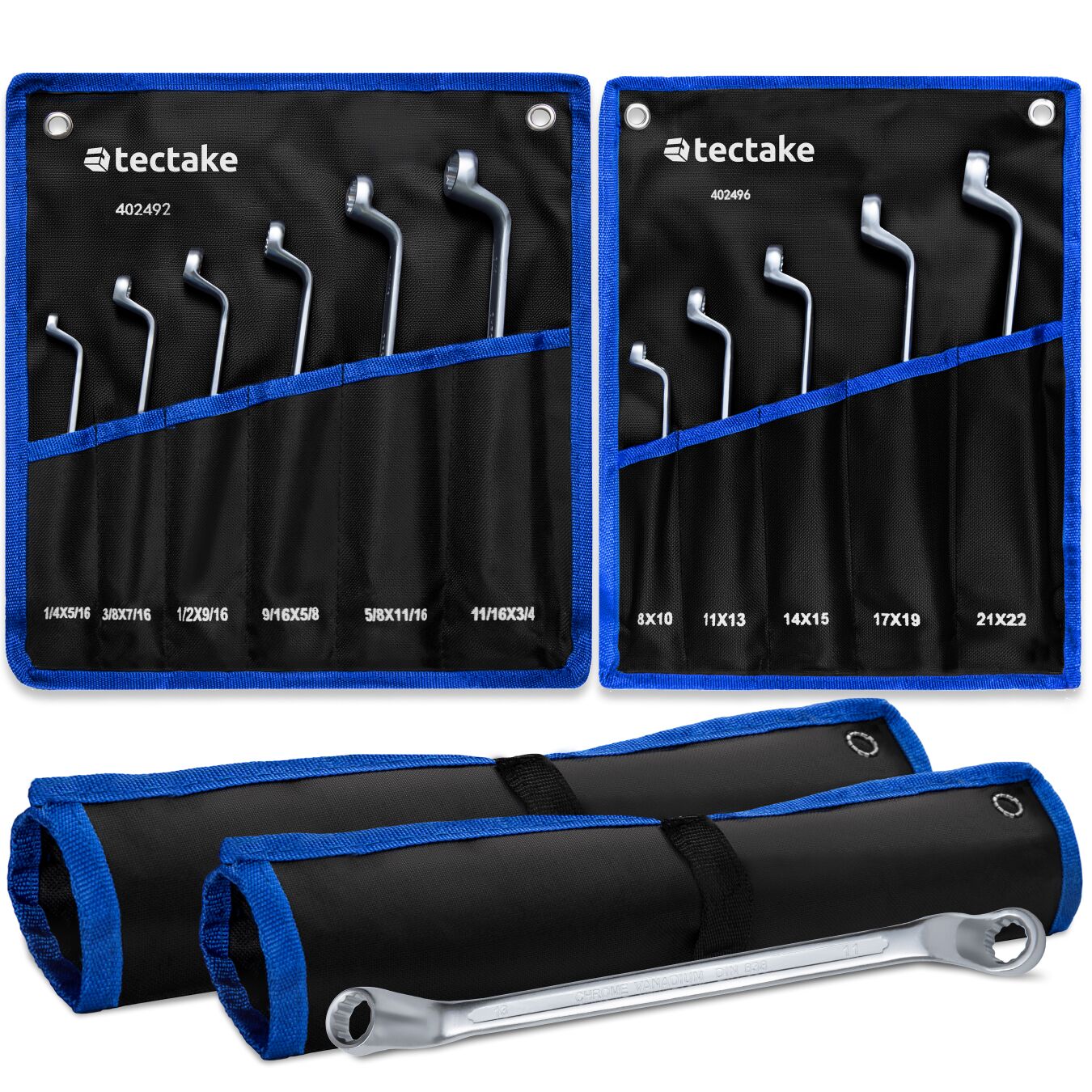 11-piece double ring spanner set, metric and imperial - black/silver