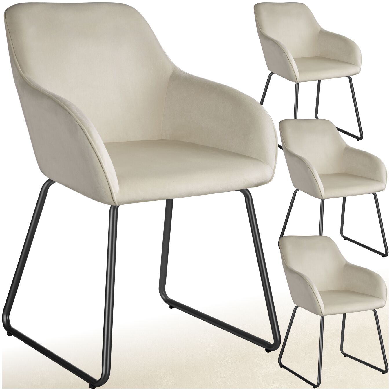 Eetkamerstoel Jeane, fluweellook, sledeonderstel - Fluweel crème/zwart, Set van 4 | tectake