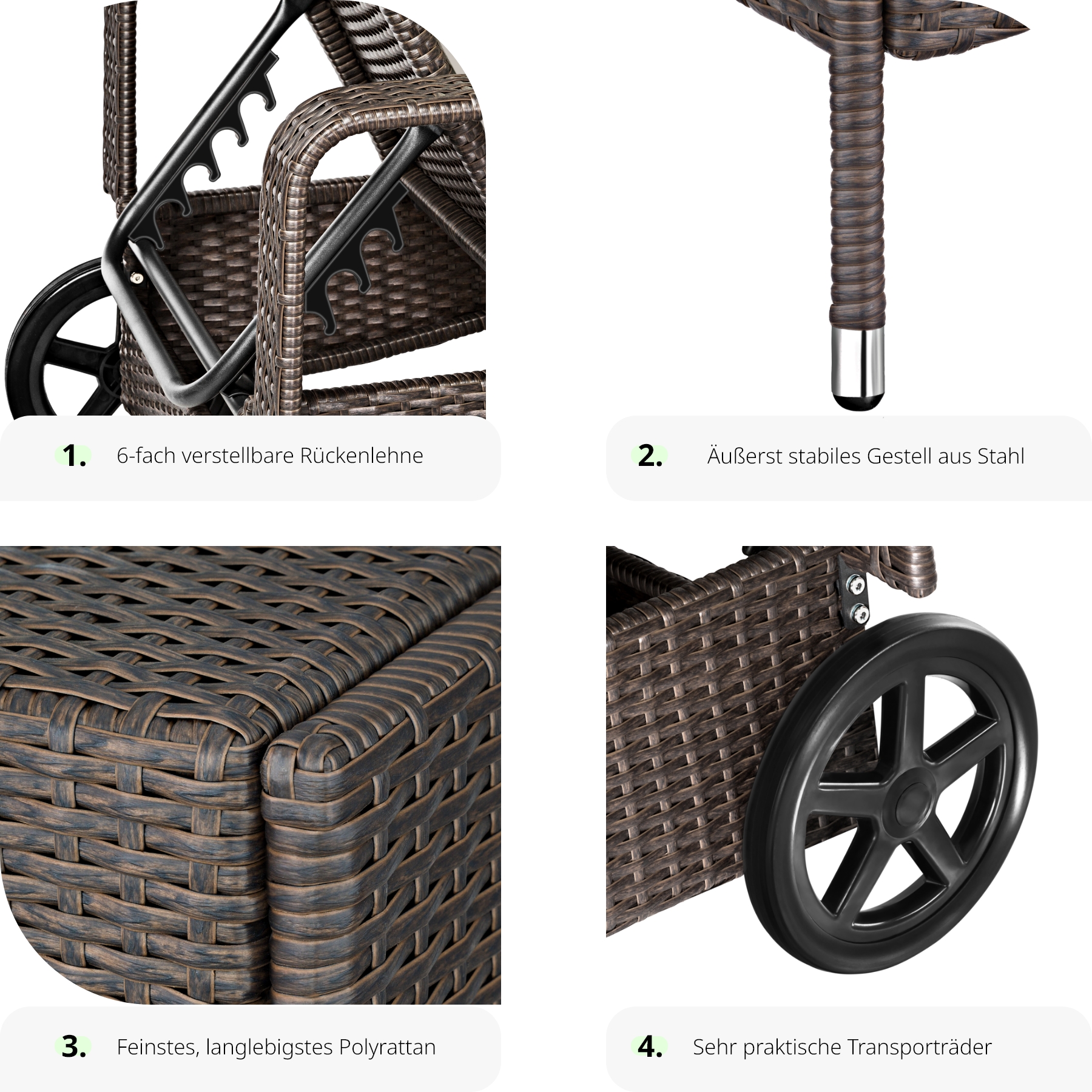 Sonnenliege klappbar Gartenliege Polyrattan Liegestuhl Strandliege robust 200 cm - Bild 28 von 145