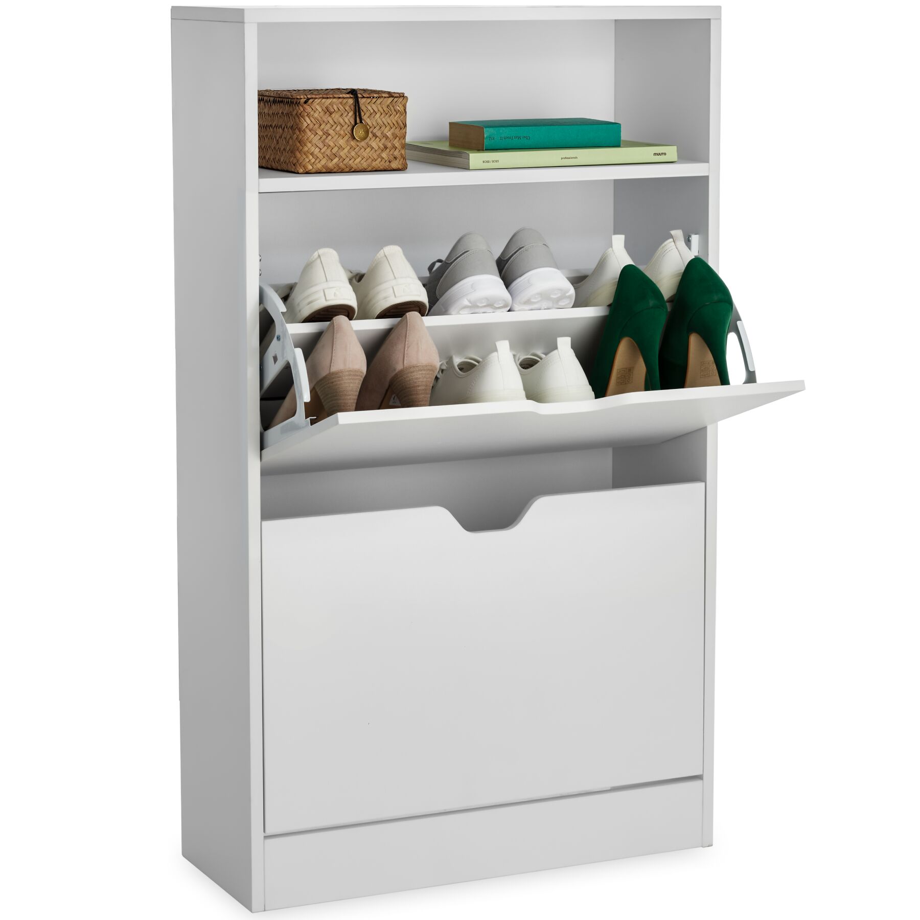 Shoe Cabinet Calea - 2 tilt compartments for 12 pairs of shoes, open shelf space - white | tectake