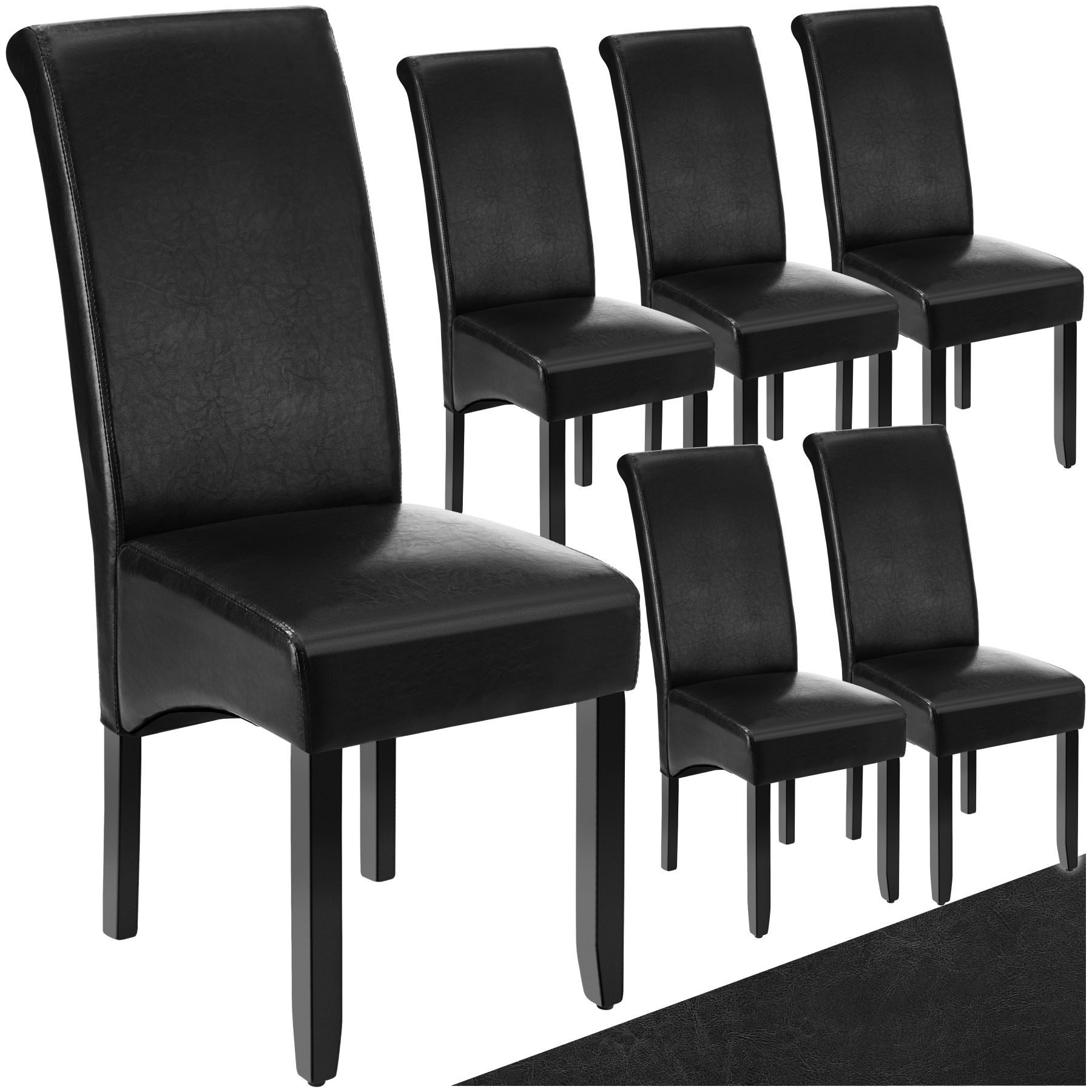 Dining Chair - ergonomic seat shape, high backrest, padded, faux leather - black, Set of 6