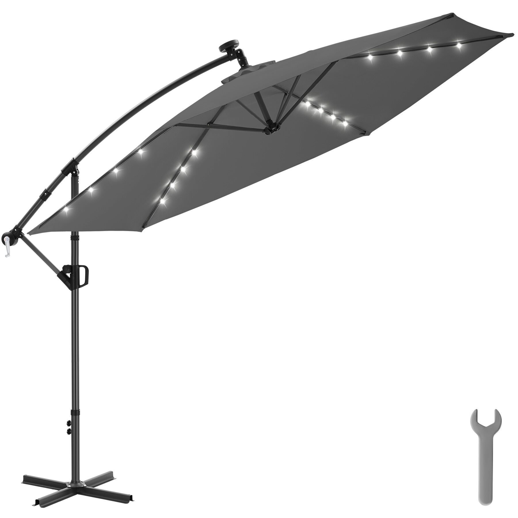 Parasol à pied déporté Artemis, pivotant à 360°, LED solaire, 3,5 x 3,5 m - gris | tectake