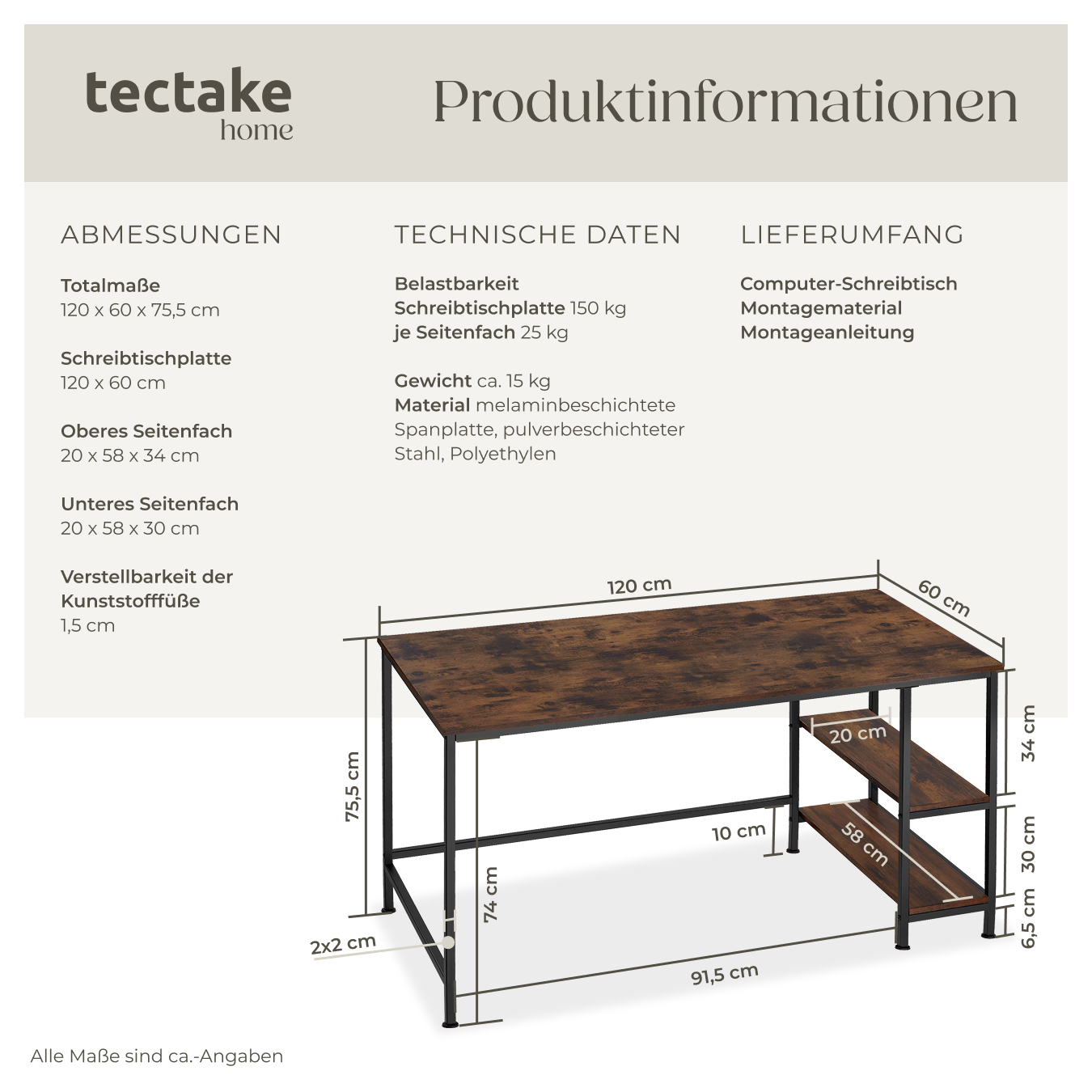 Computer-Schreibtisch Bürotisch Arbeitstisch Industrial Style 120 x 60 x 75,5 cm
