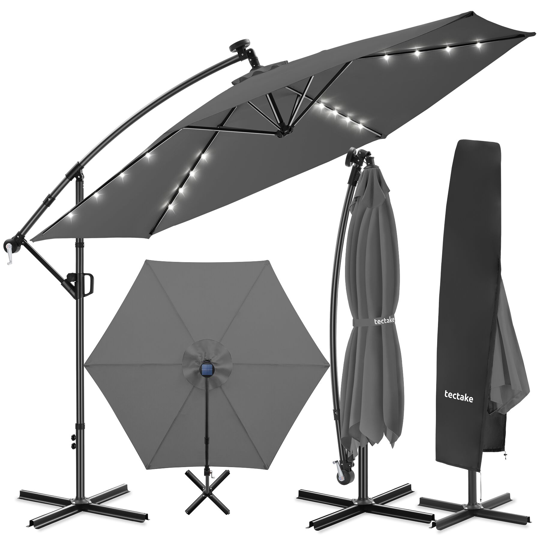 Parasol à pied déporté Artemis, pivotant à 360°, LED solaire, 3,5 x 3,5 m - gris | tectake