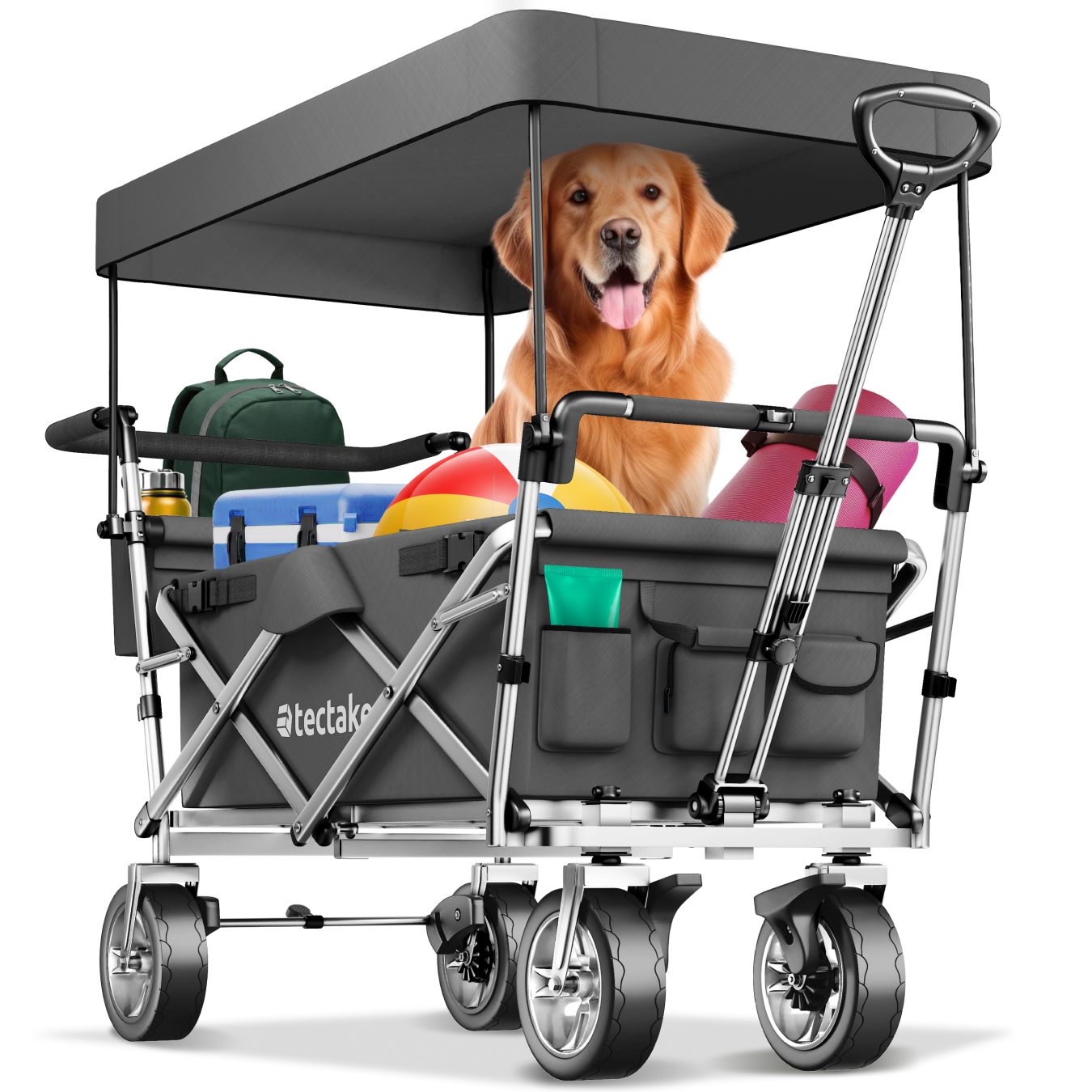 Bollerwagen, faltbar, mit Dach, mit Kunststoffrädern - grau