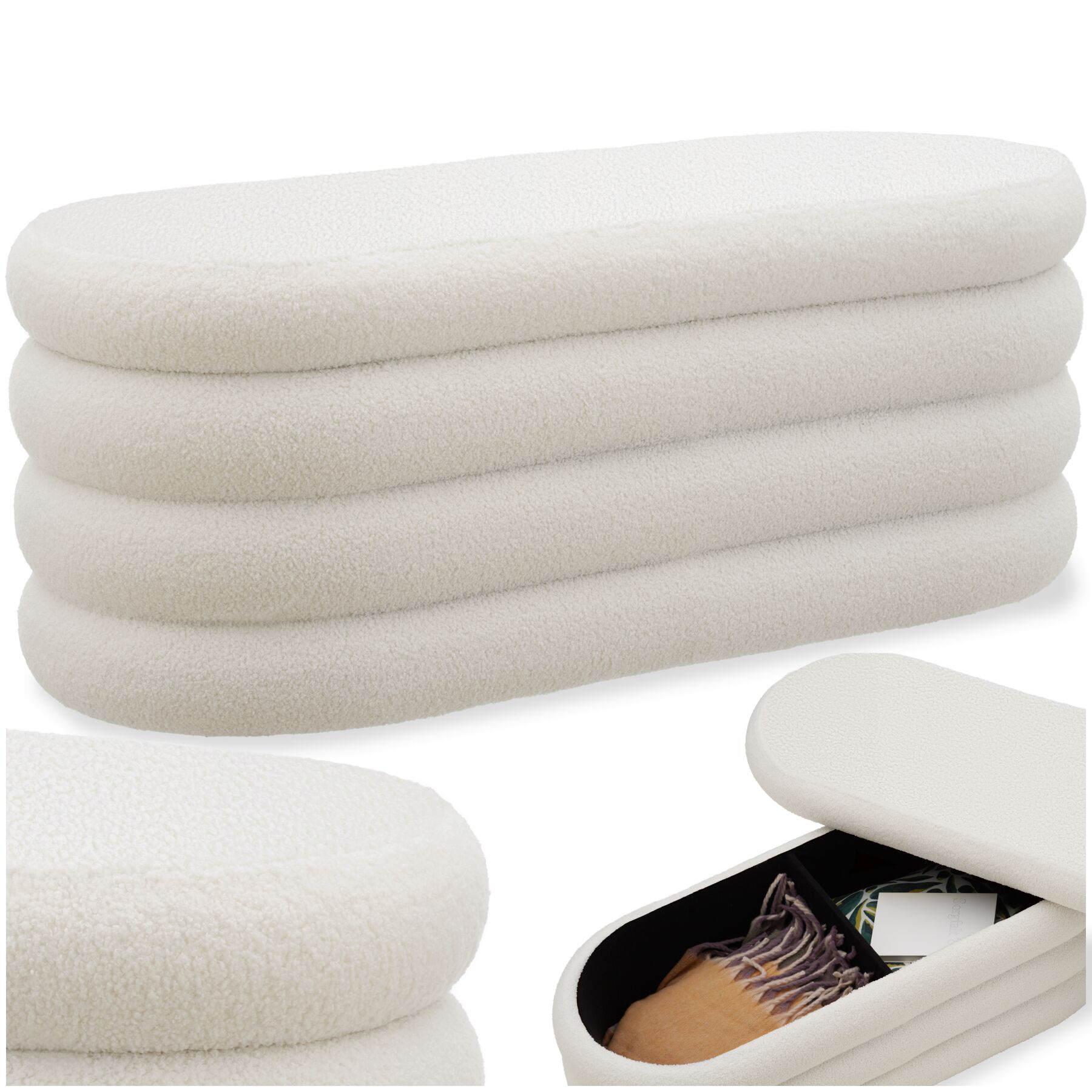 Banc rembourré ALTU avec espace de rangement - Bouclé crème/ blanc | tectake