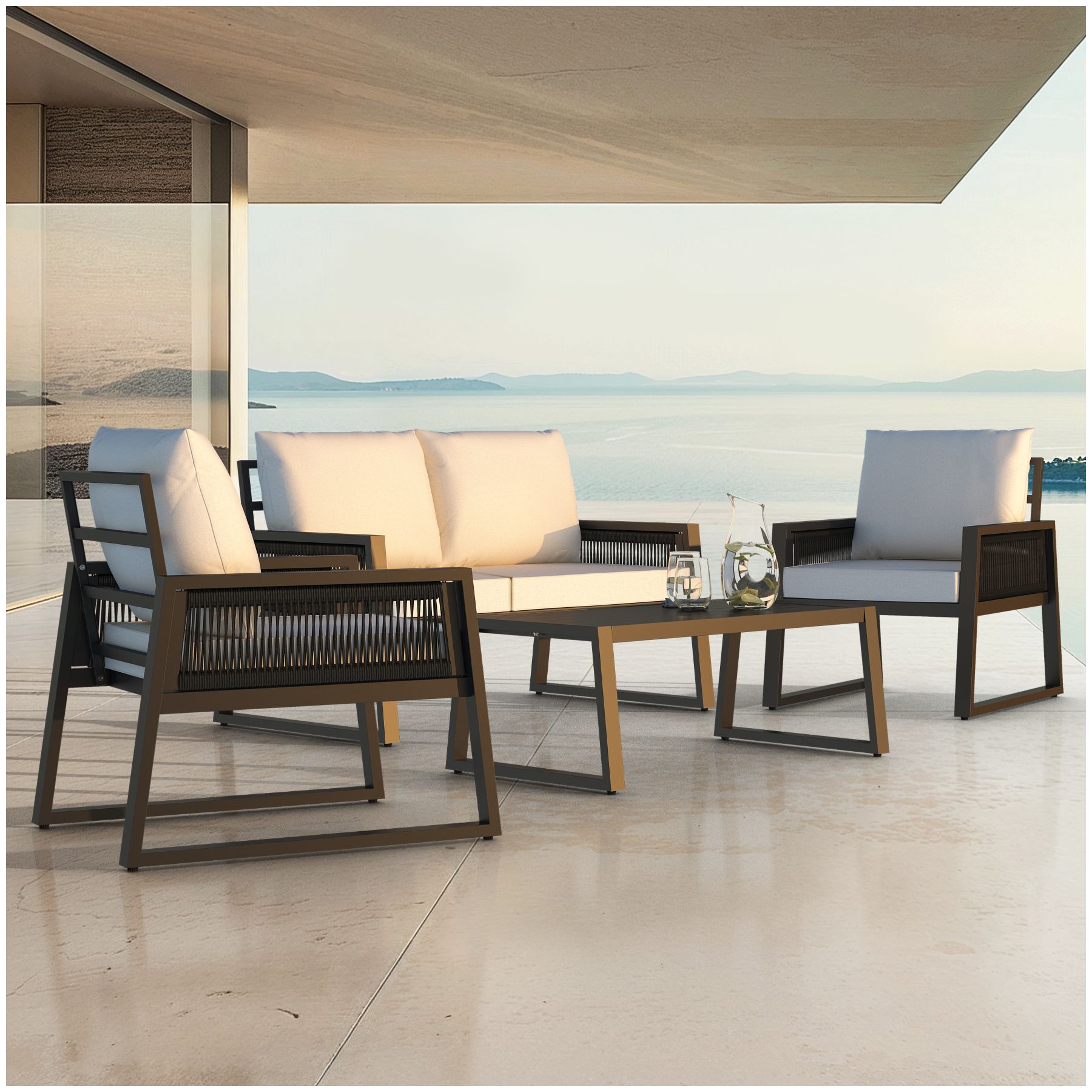 Loungeset Captive i rep-design - Set 1 (1 x soffa / 1 x bord / 2 x fåtöljer) av tectake