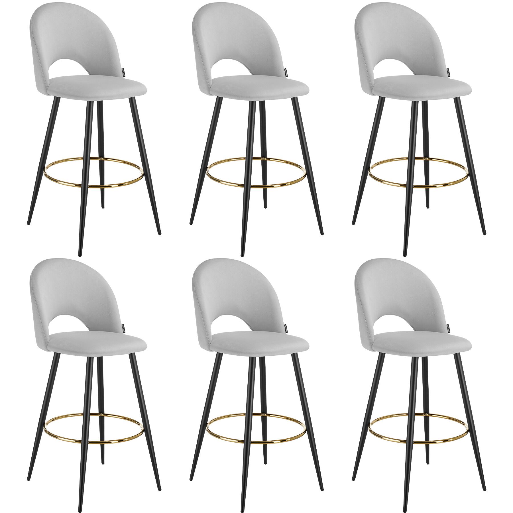 Banco alto SACHEL com encosto e aparência de veludo - cinzento claro/preto, Conjunto de 6 | tectake