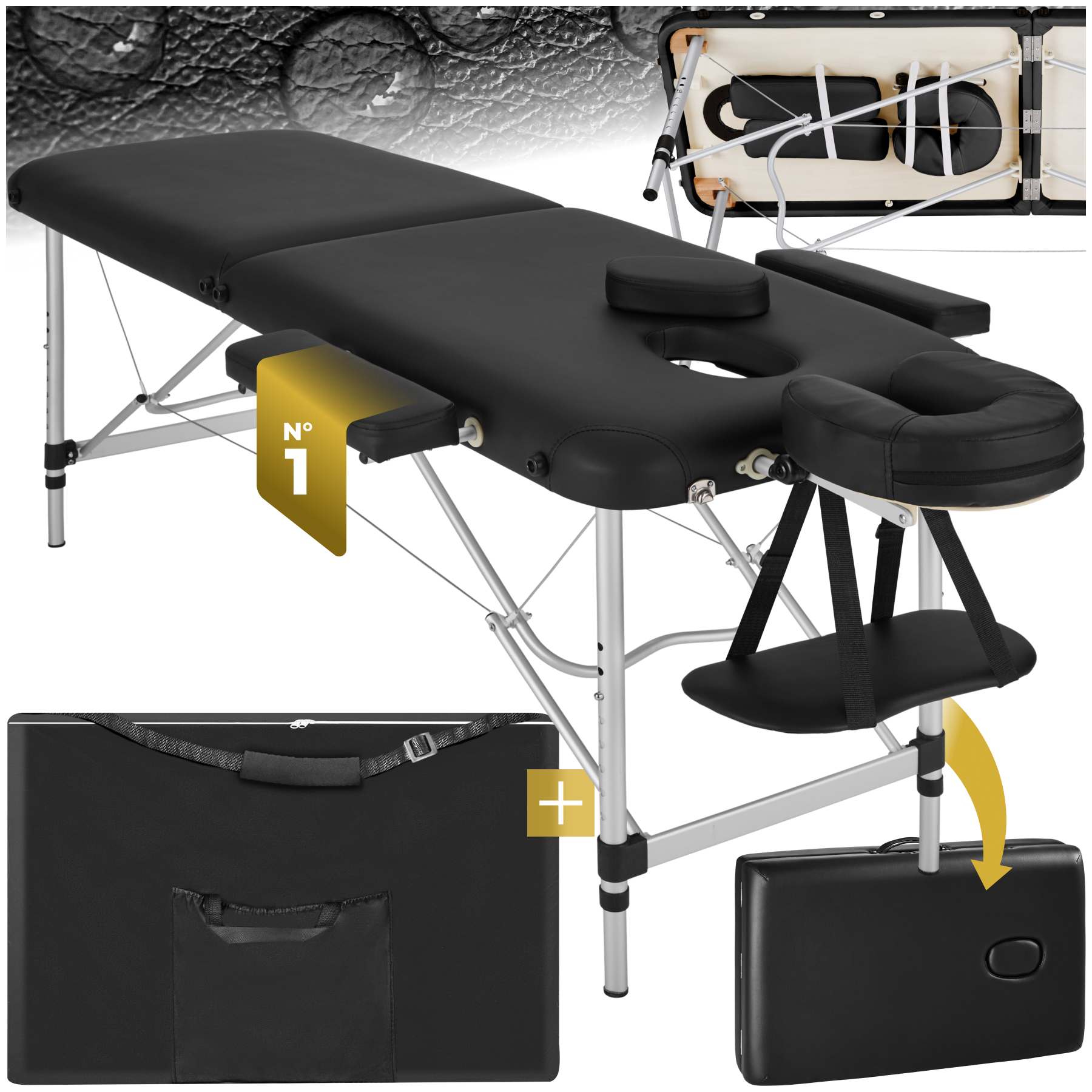 Table de massage pliante 2 zones en aluminium portable + housse - noir | tectake