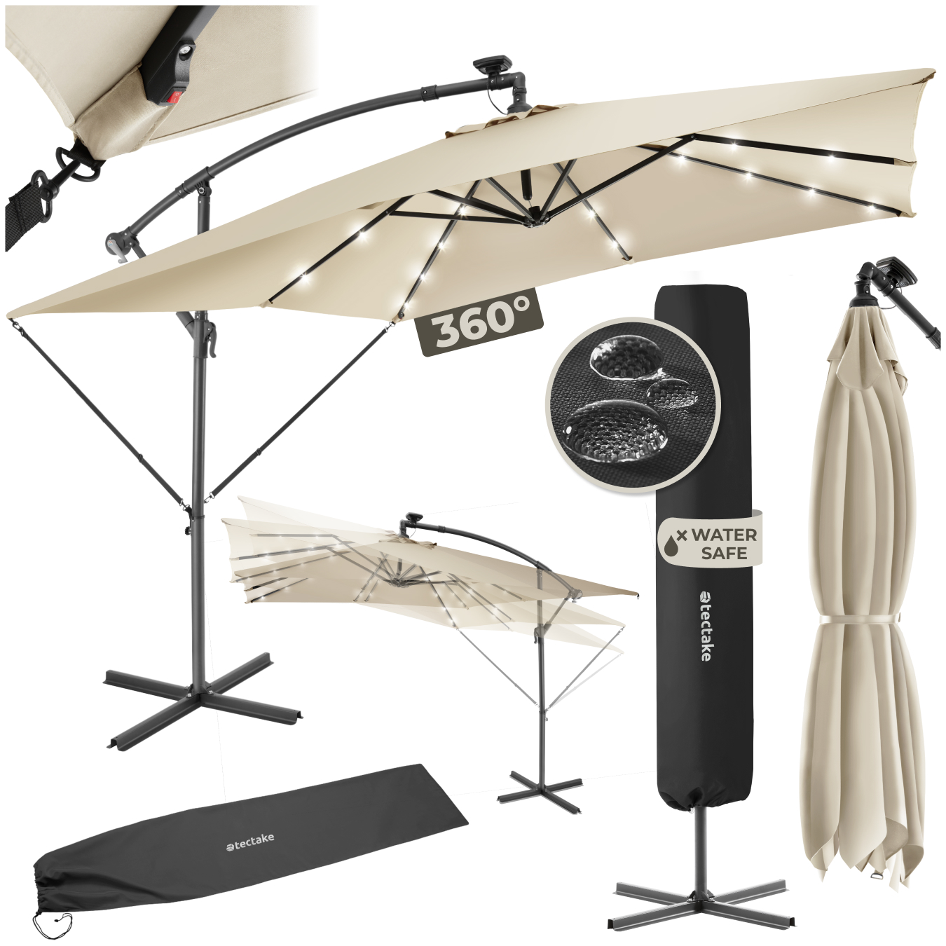 Parasol Sunna - 250 x 250 cm with LED solar lighting, with protective cover - beige | tectake