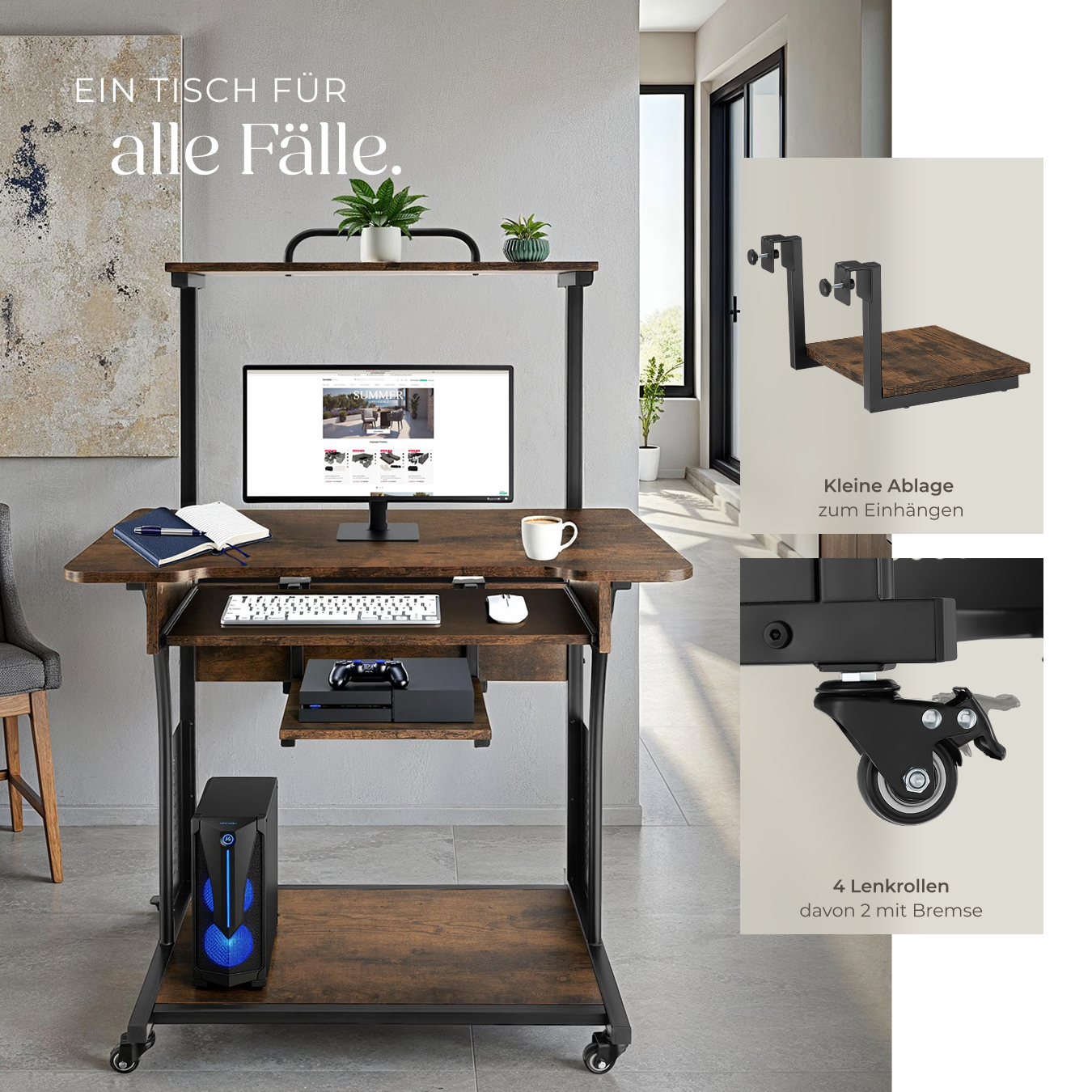 Schreibtisch Computertisch Bürotisch PC Tisch mit Rollen Holz Metall Industrie
