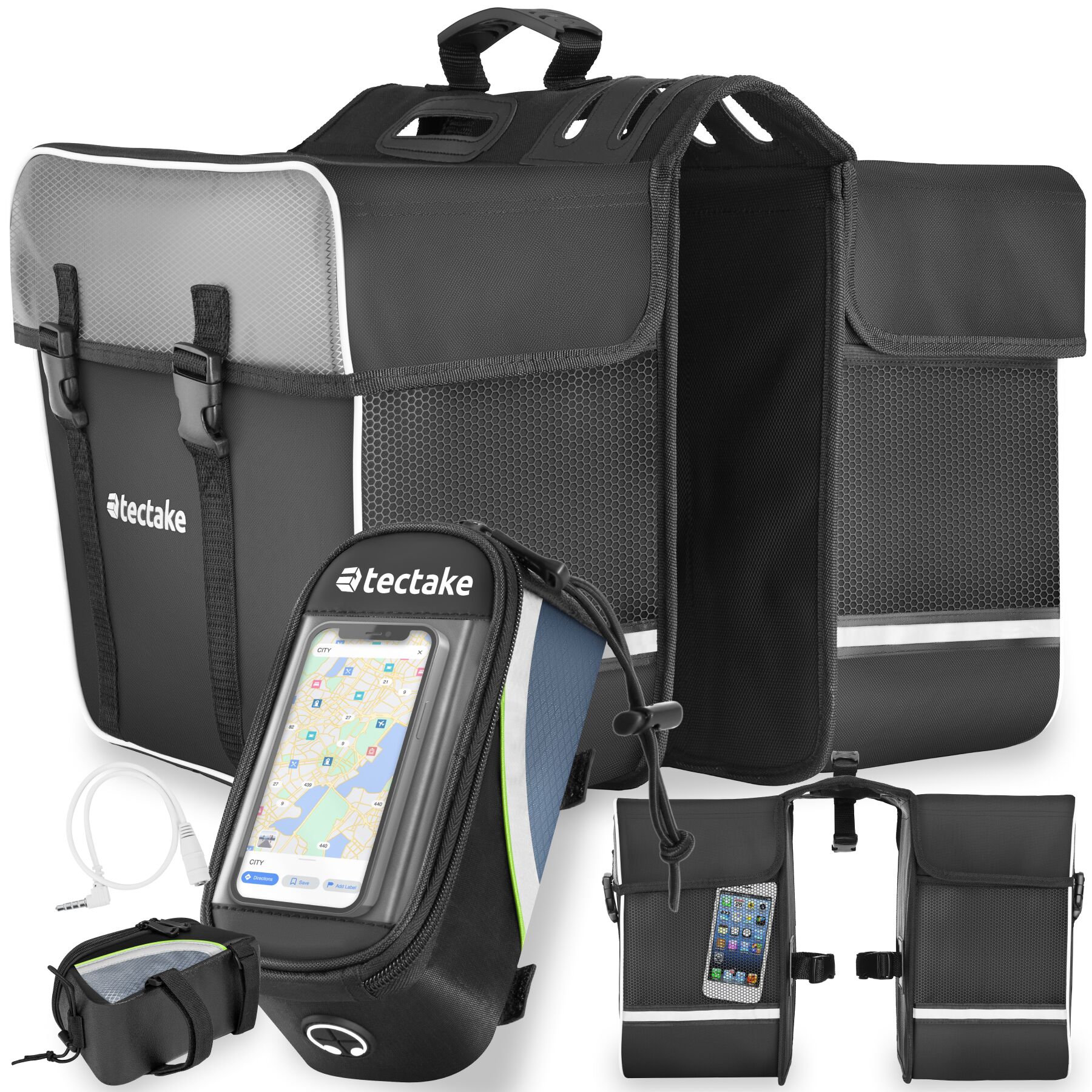 Set bicycle bag Georg and frame bag, water-repellent - 18 x 8.5 x 8.5 cm, black/green | tectake