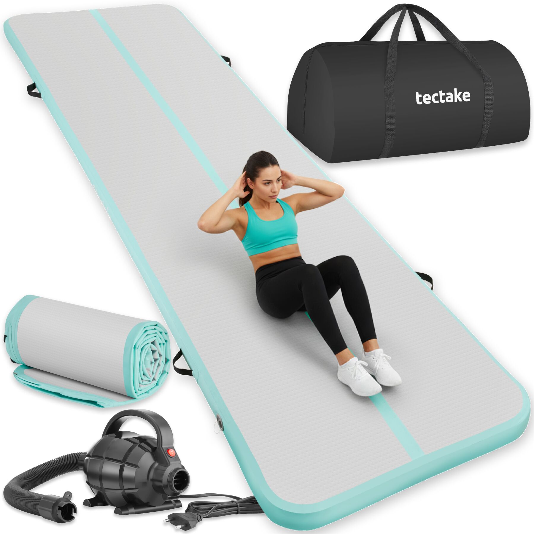 Airtrack Trainingsmatte, aufblasbar, mit elektrischer Luftpumpe & 3 Adaptern, rutschfestes hochwertiges PVC - grau blau | tectake