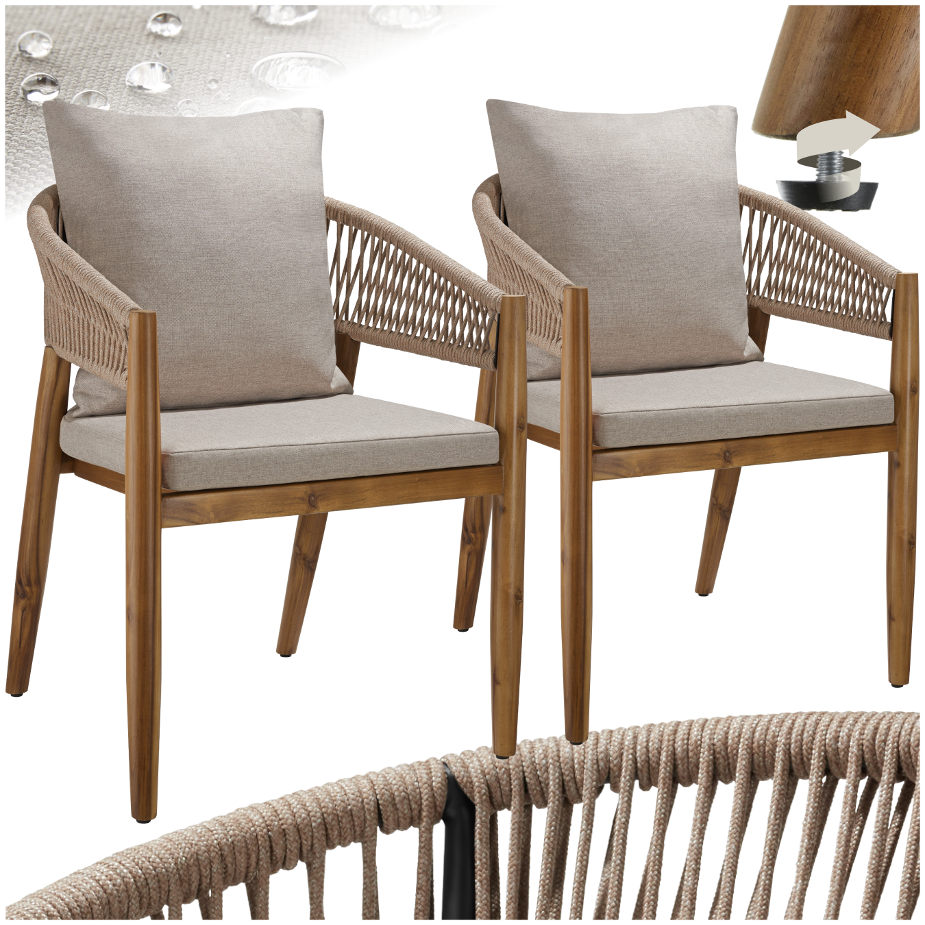 Garden Chair Manacor in a Corded Design with Acacia Wood Frame and Matching Cushions - sand, Set of 2