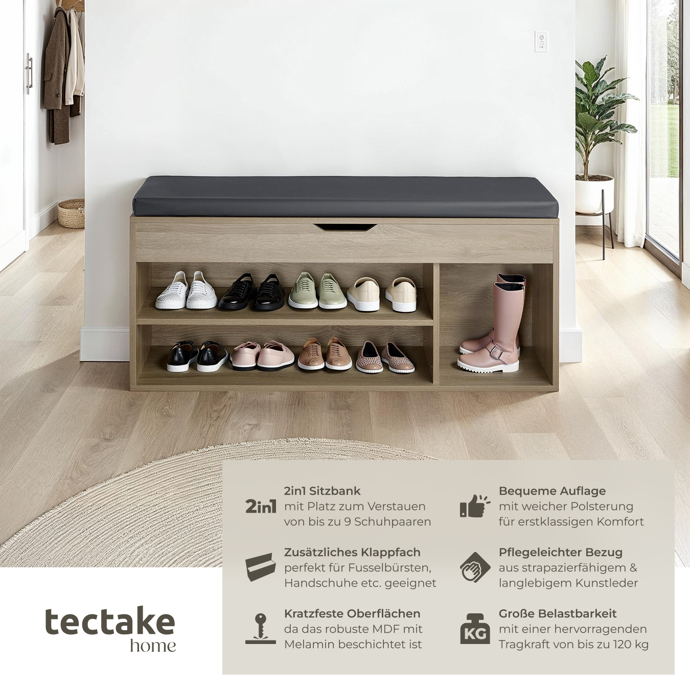 Schuhbank mit Sitzkissen Holz Schuhschrank Schuhregal Sitzfläche Klappfach 104cm - Bild 27 von 37