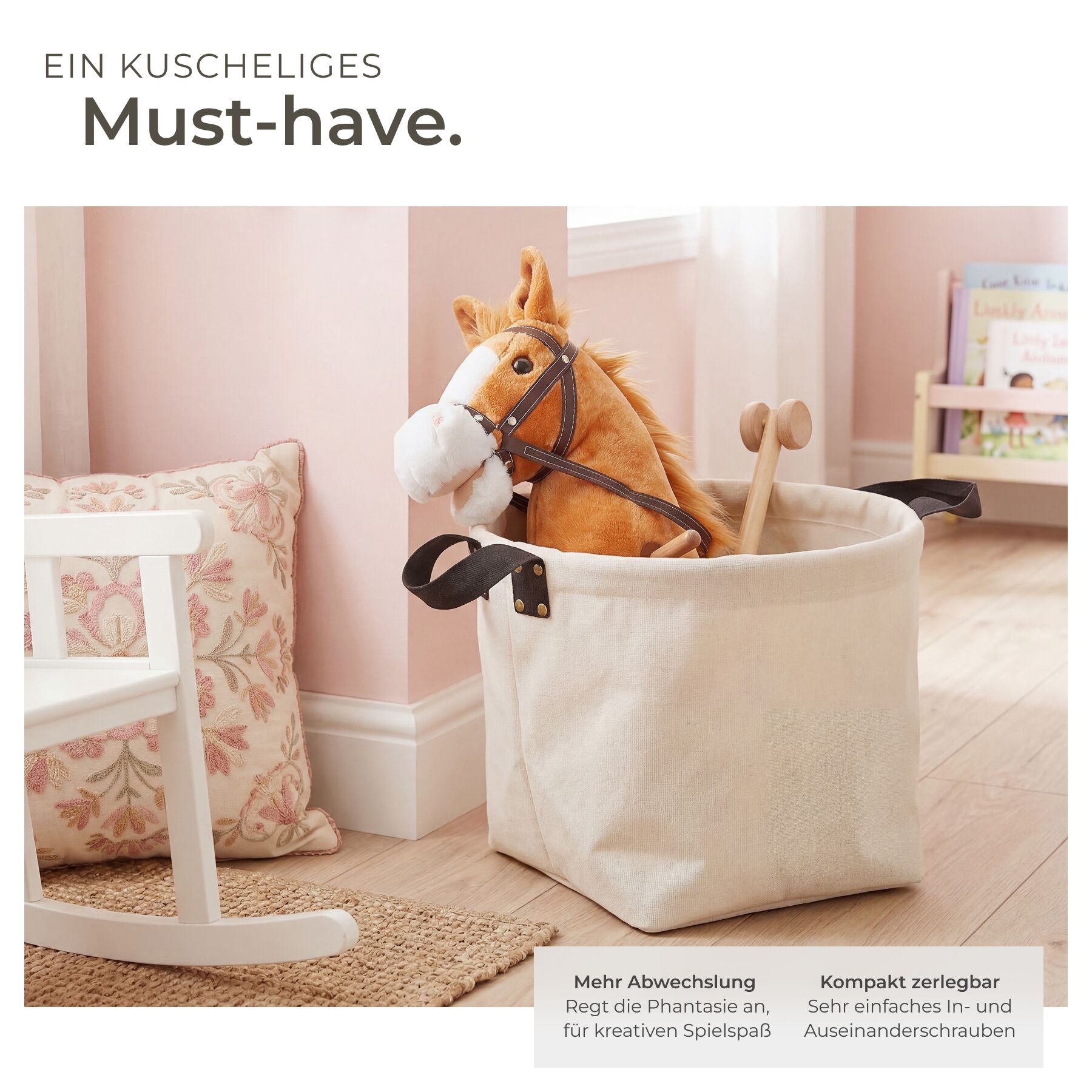 Hobby Horse Steckenpferd Holz Kinder Spielzeug Rollen Plüschkopf Handgriff - Produktbild 2