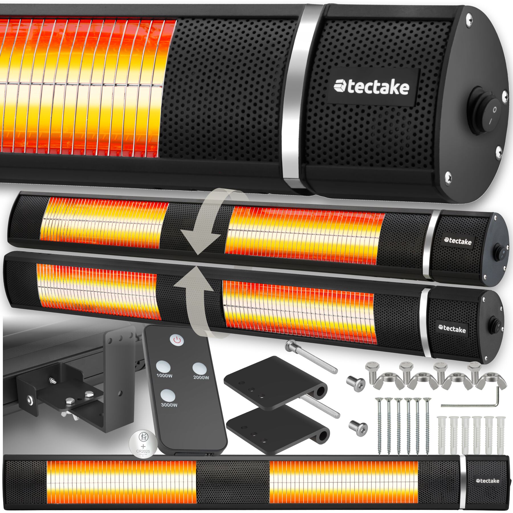 Infrarotheizstrahler, 3 Leistungsstufen 1000 2000 und 3000 W, hoher Wirkungsgrad keine Luftzirkulation, Aluminiumgehäuse neigbar - schwarz | tectake