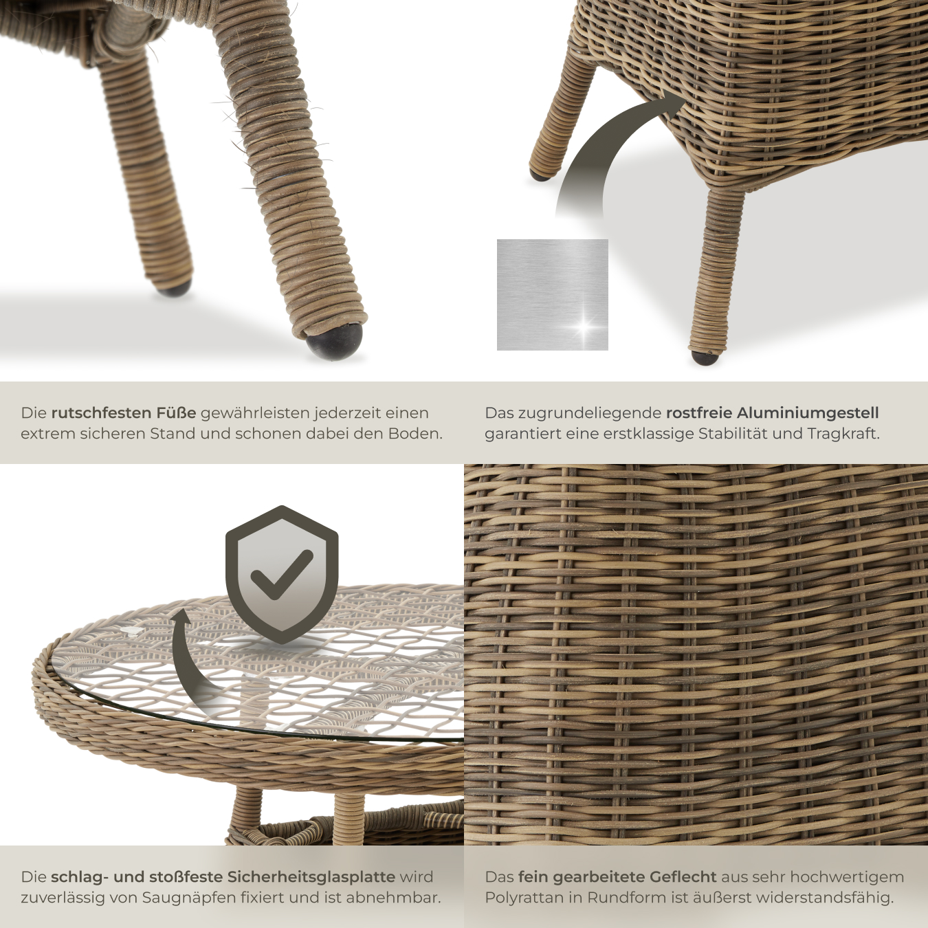 Gartentisch rund 90 cm Polyrattan Beistelltisch Alu Geflechttisch Garten Balkon