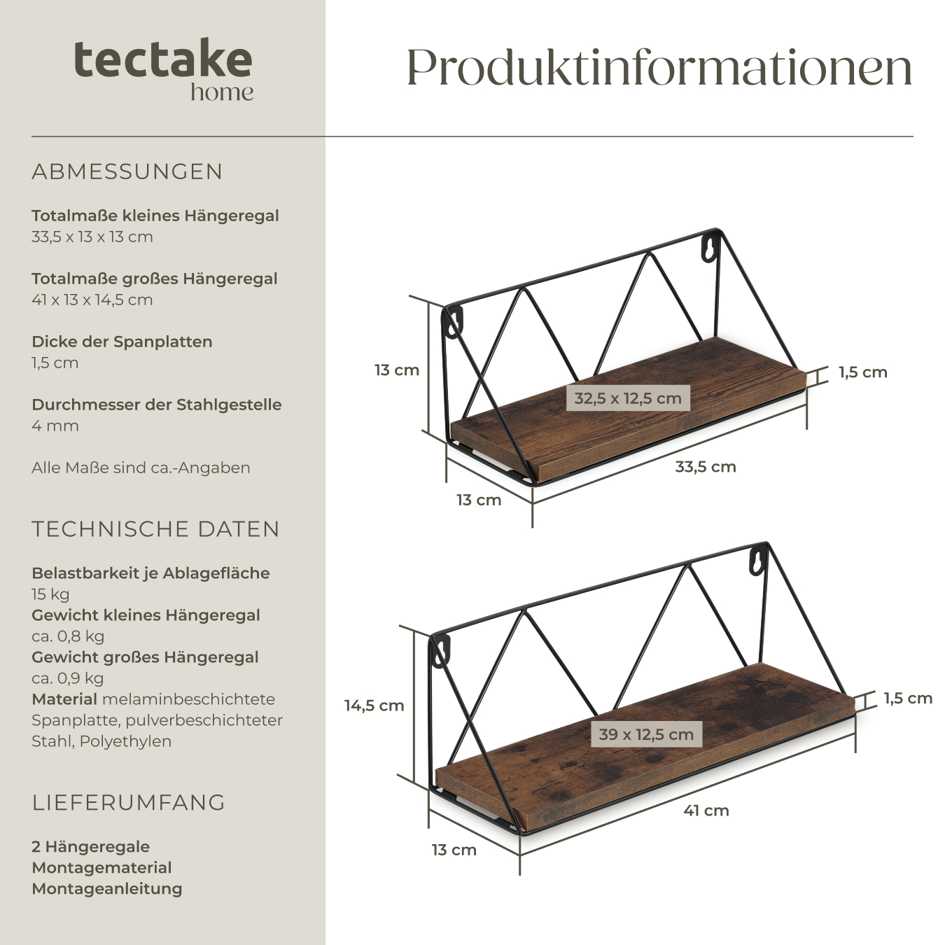 2er Set Wandregal Hängeregal Regal 33,541cm Industrie Design Metallgestell Holz