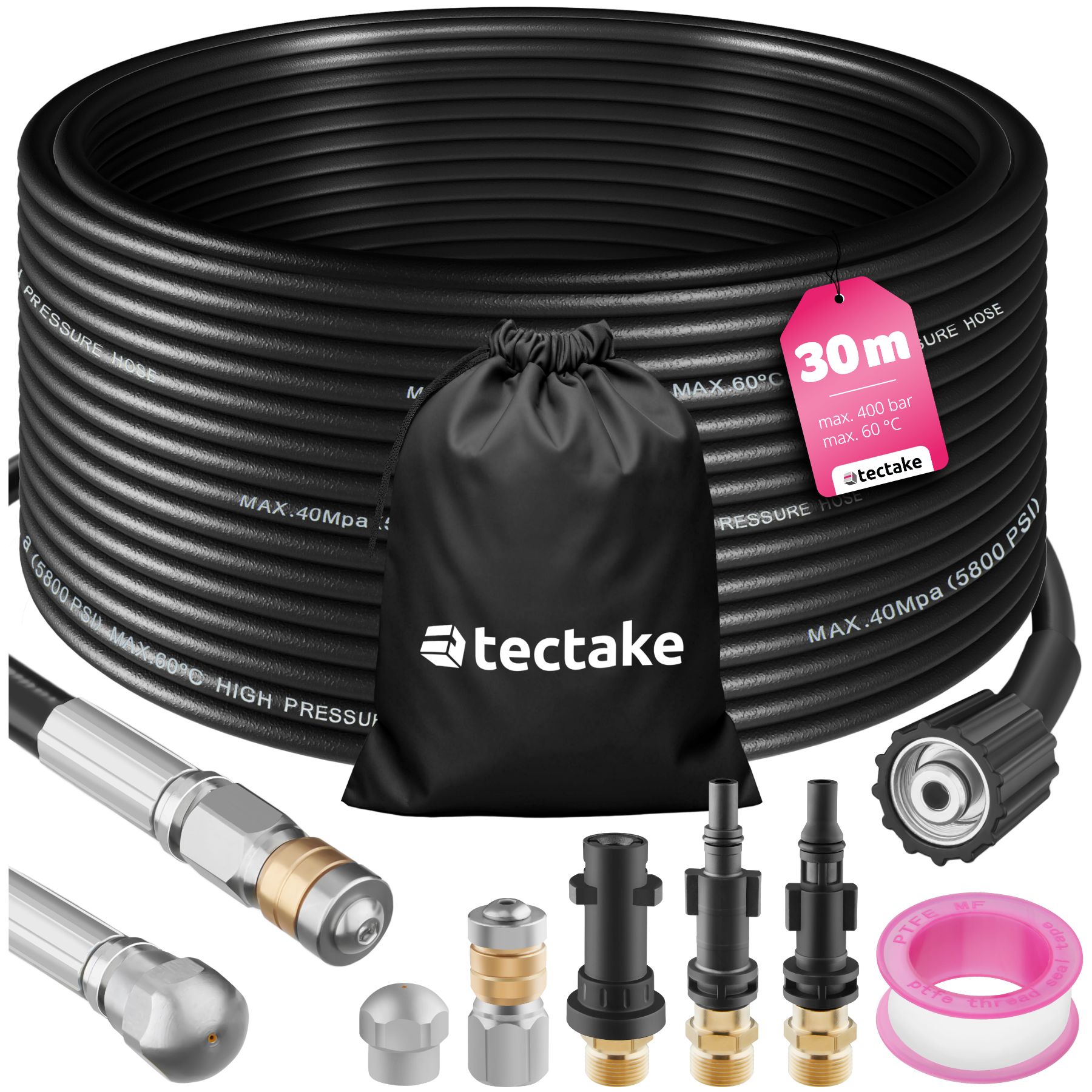 Kit de nettoyage et de débouchage de canalisations avec 1 tuyau, 2 buses et 3 adaptateurs - 30 m | tectake
