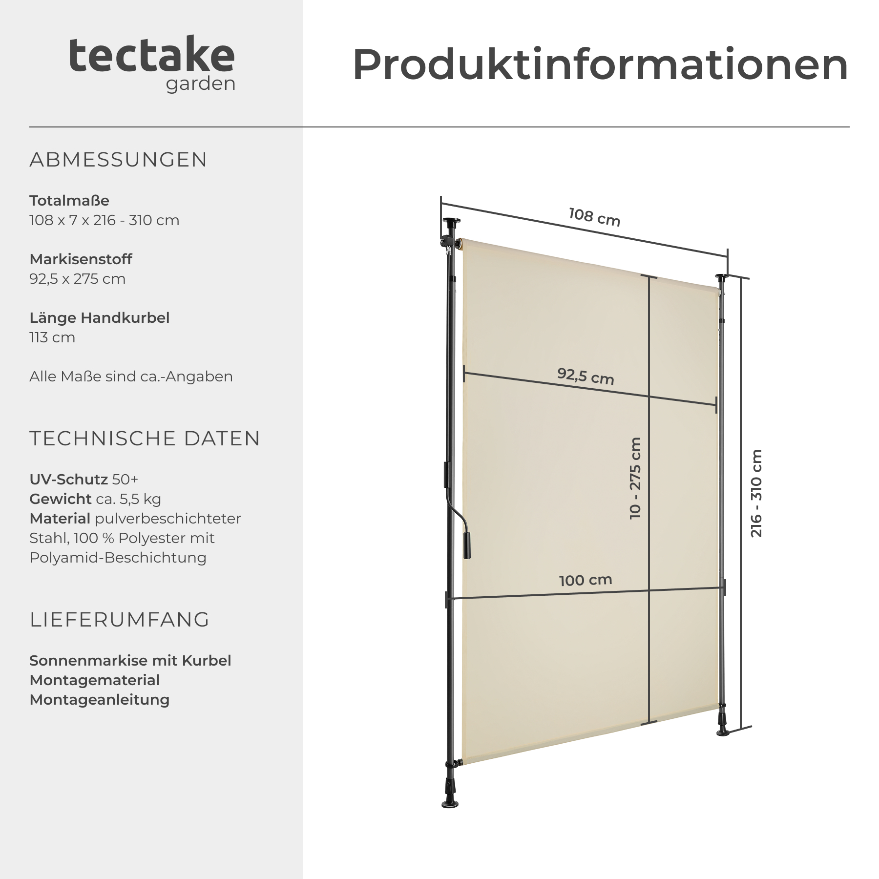 Balkonmarkise Terrassenüberdachung Sichtschutz Handkurbel Sonnenschutz UV-Schutz