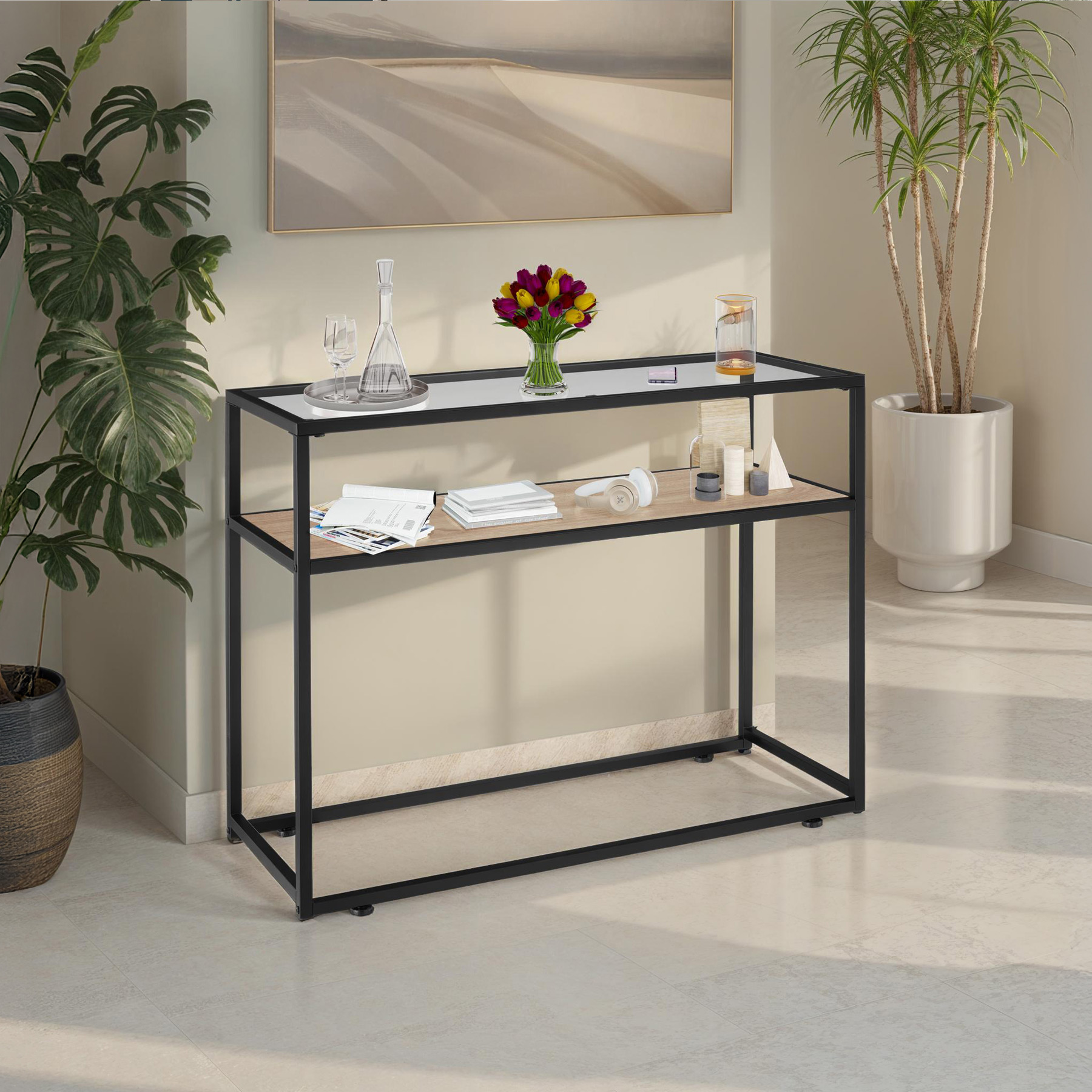 Tavolo console vetro corridoio tavolino appoggio 2 ripiani legno metallo - Foto 22 di 25