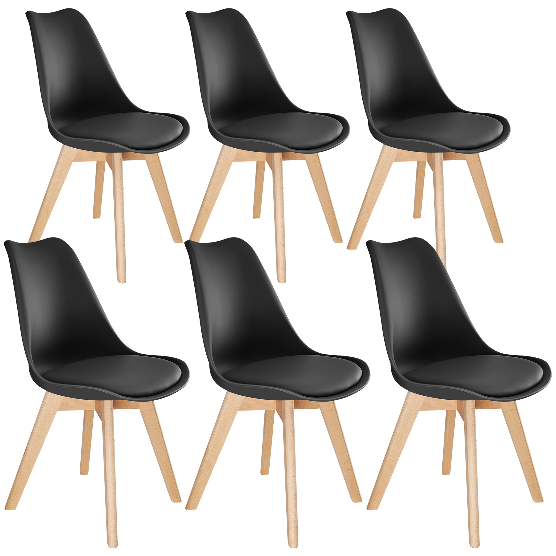 Dining Chairs Frederikke - padded, ergonomic shape, wooden legs - black, Set of 6