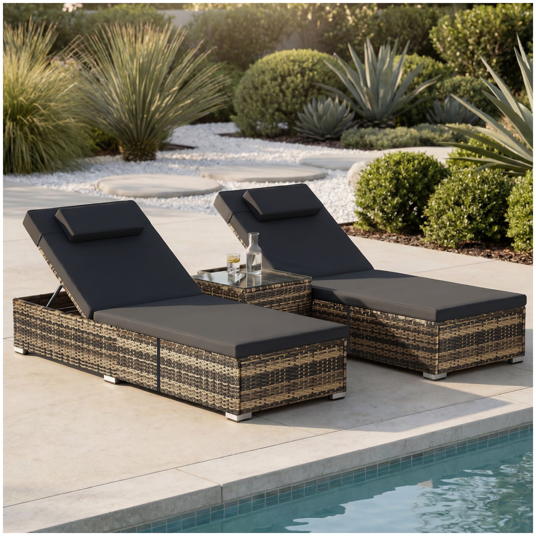 Carbonera Rattan Double Lounge Chair with Table, Adjustable Backrest - nature | tectake