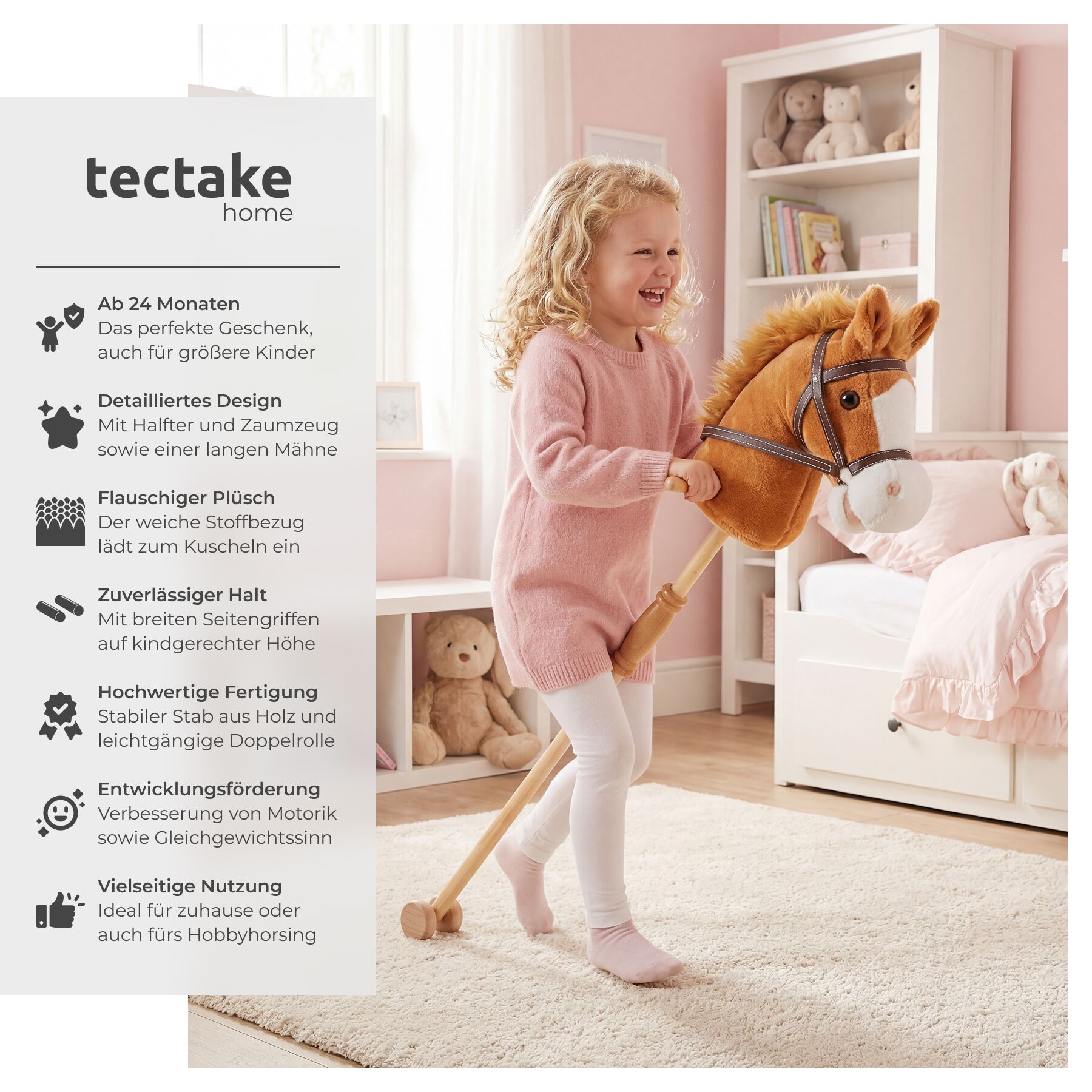 Hobby Horse Steckenpferd Holz Kinder Spielzeug Rollen Plüschkopf Handgriff - Produktbild 1