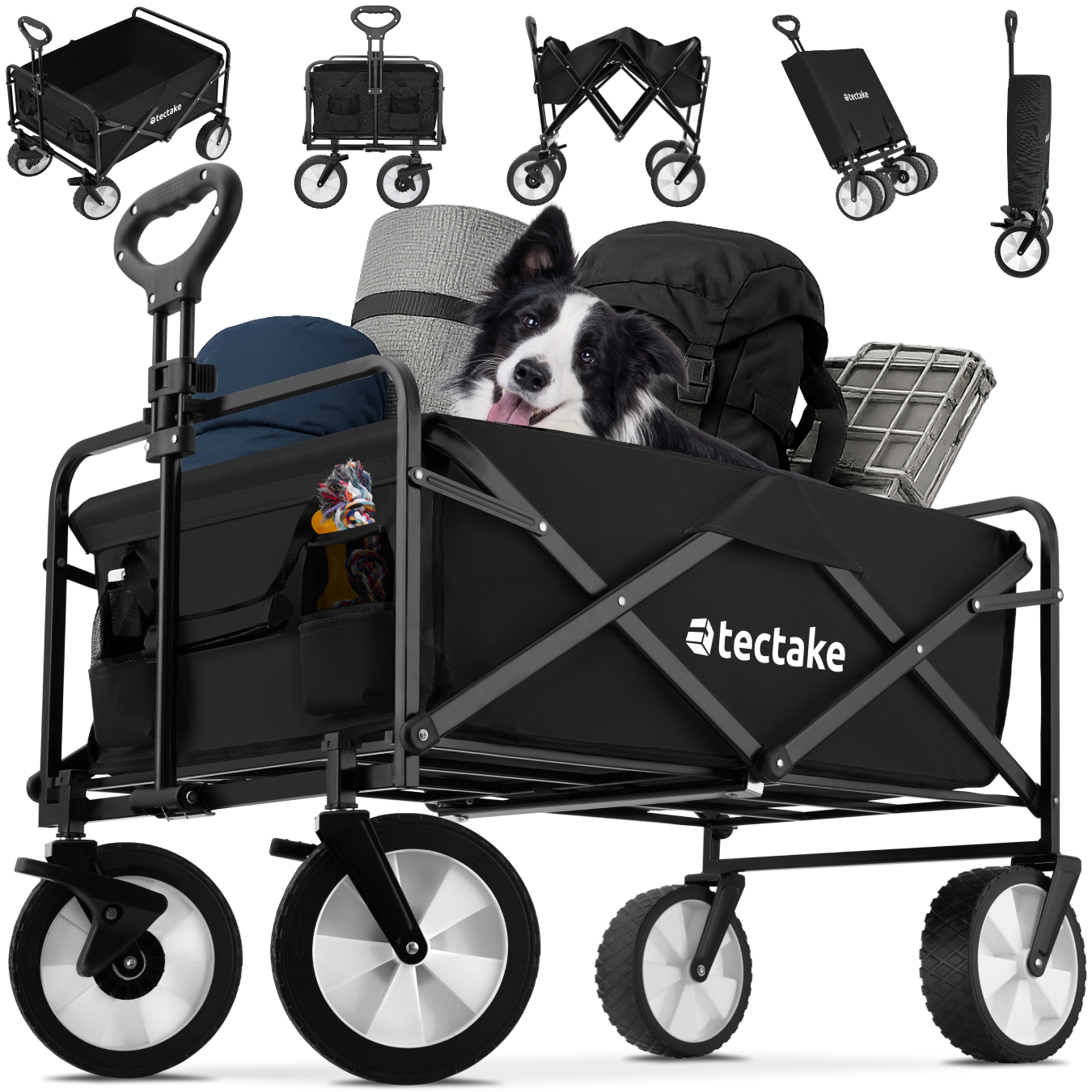 Bollerwagen, faltbar, mit Bremsen und gummierten Kunststoffrädern, abnehmbarer Stoffeinsatz mit 2 Netztaschen - schwarz | tectake