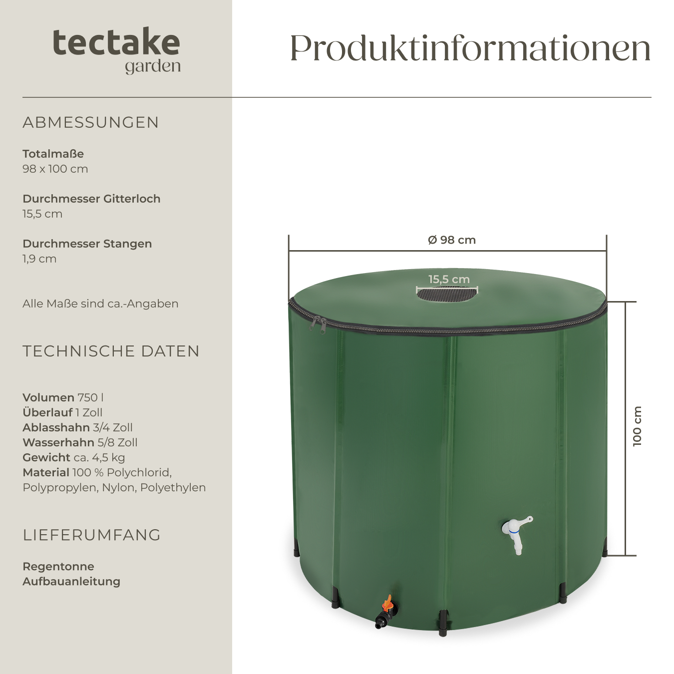 Regentonne mit Hahn Regenwassertonne Wassertank 200 bis 750 Liter Tank faltbar