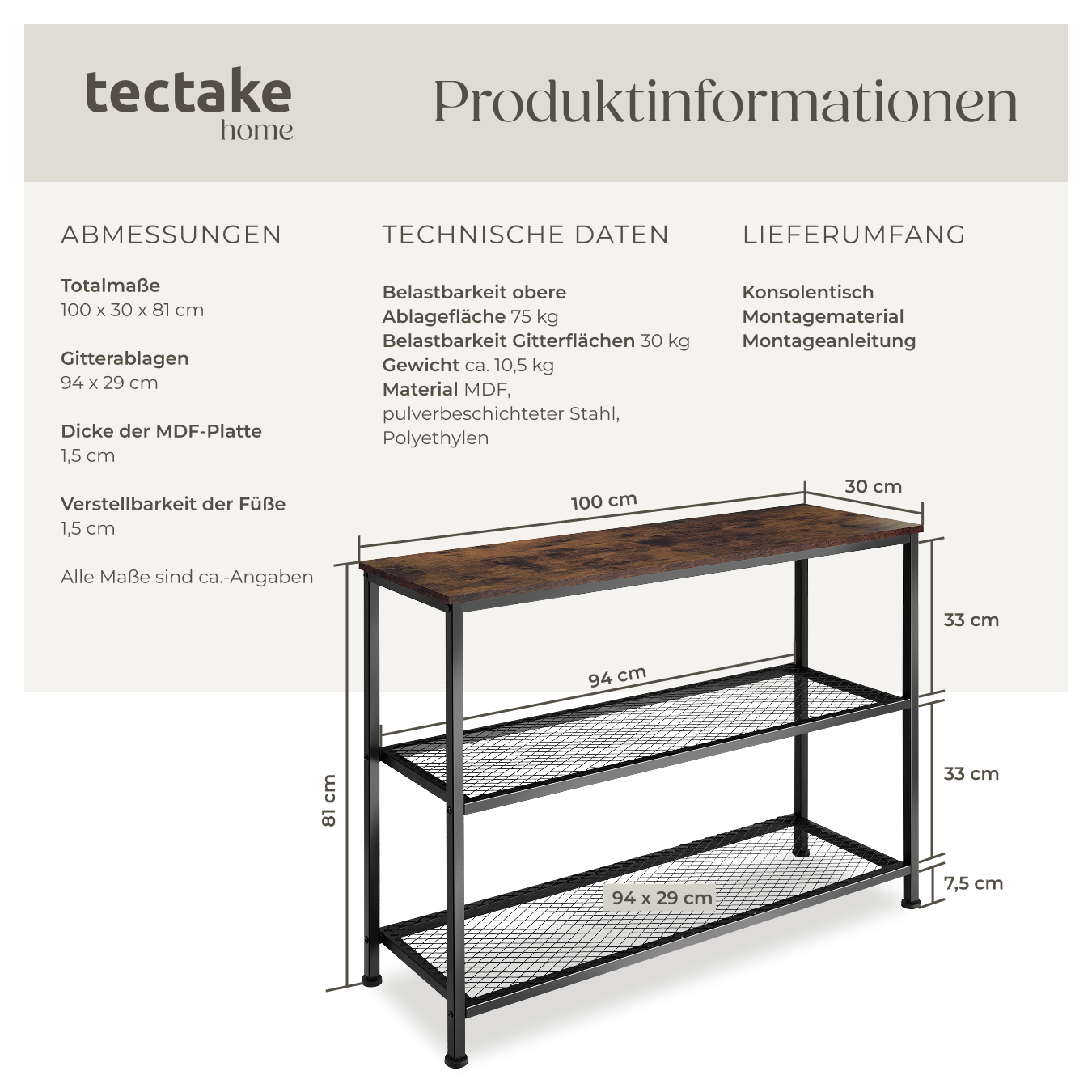 Konsolentisch Beistelltisch Anrichte Flurtisch Sideboard Industrial Look schwarz