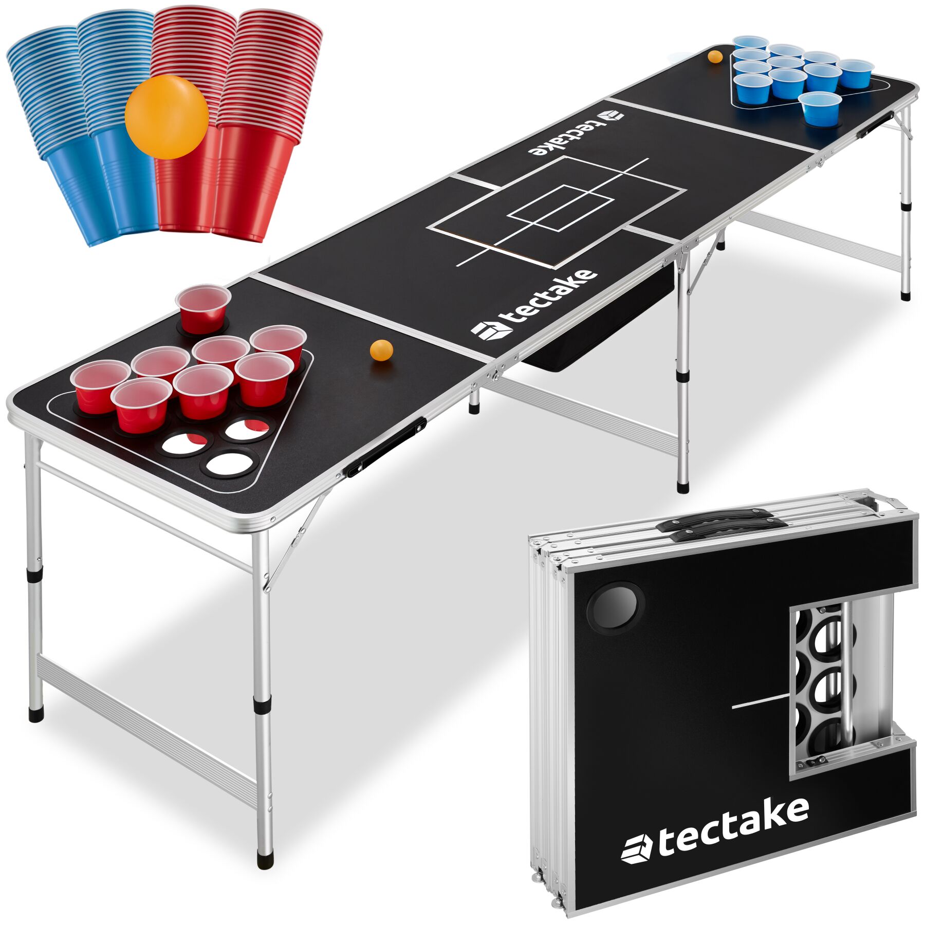 Beer Pong Table - height adjustable, foldable, drinks compartment - black