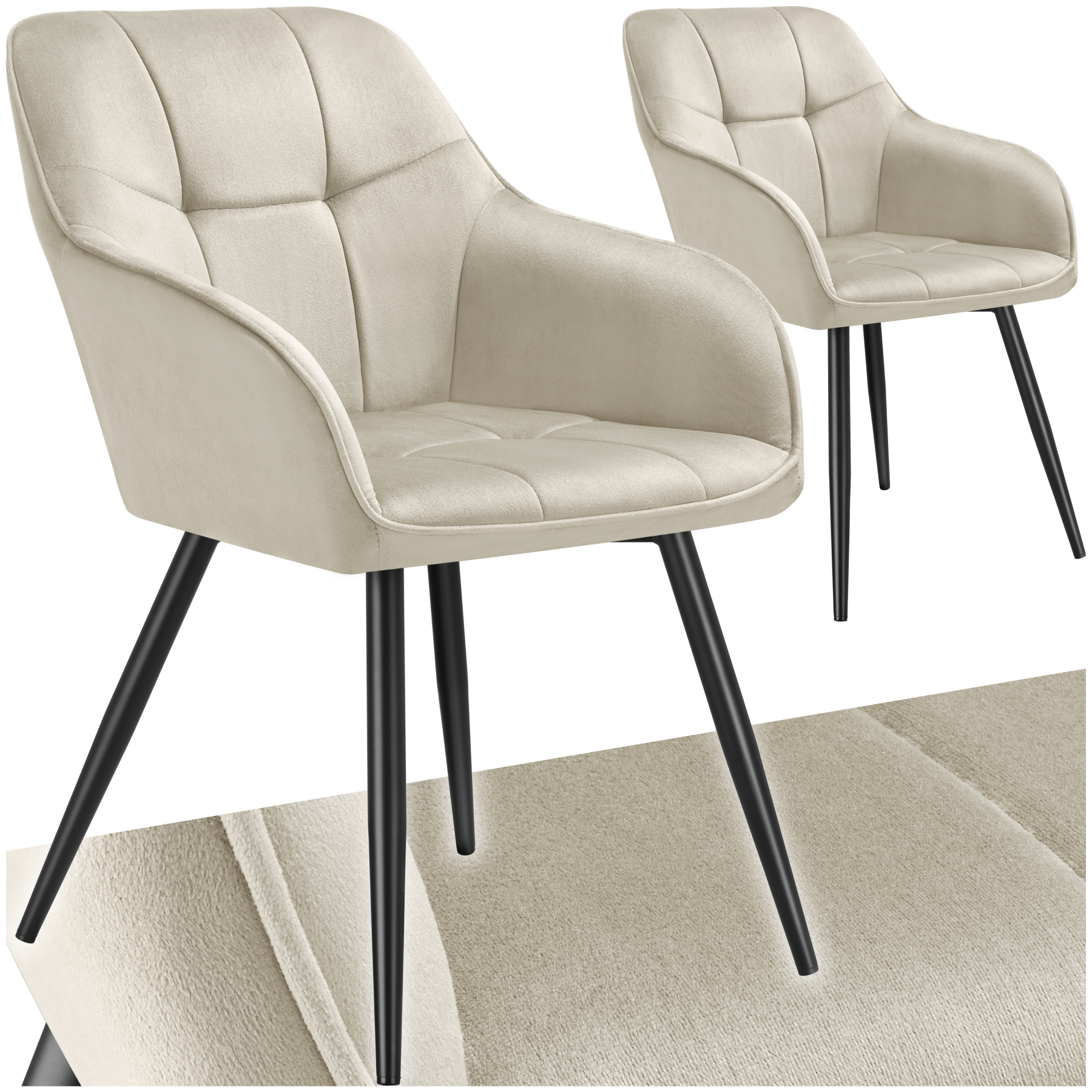 Chaise MARILYN en velours - crème/noir, Lot de 2 de tectake
