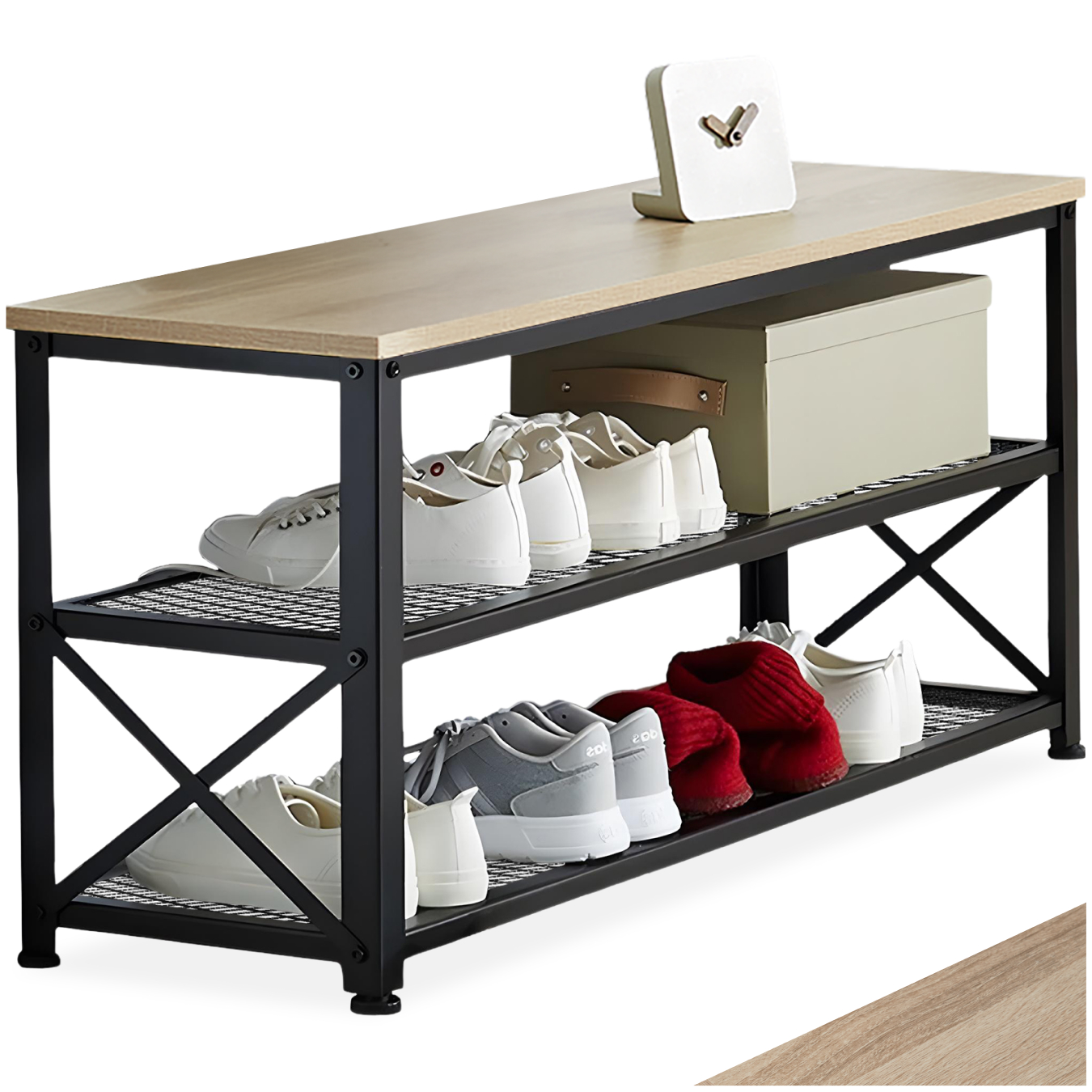 Shoe Rack Blackpool - surface shelf and 2 grid shelves, industrial style - industrial wood light, oak Sonoma