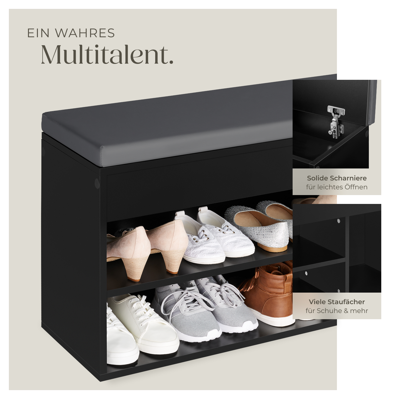 Schuhbank mit Sitzkissen Holz Schuhschrank Schuhregal Sitzfläche Klappfach 104cm - Bild 17 von 37