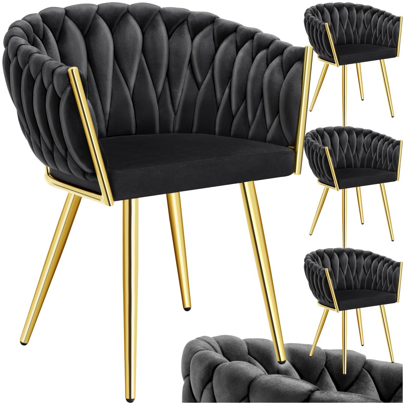 Set Esszimmerstuhl Astano Samt, Knotendesign - schwarz/gold, 4er Set