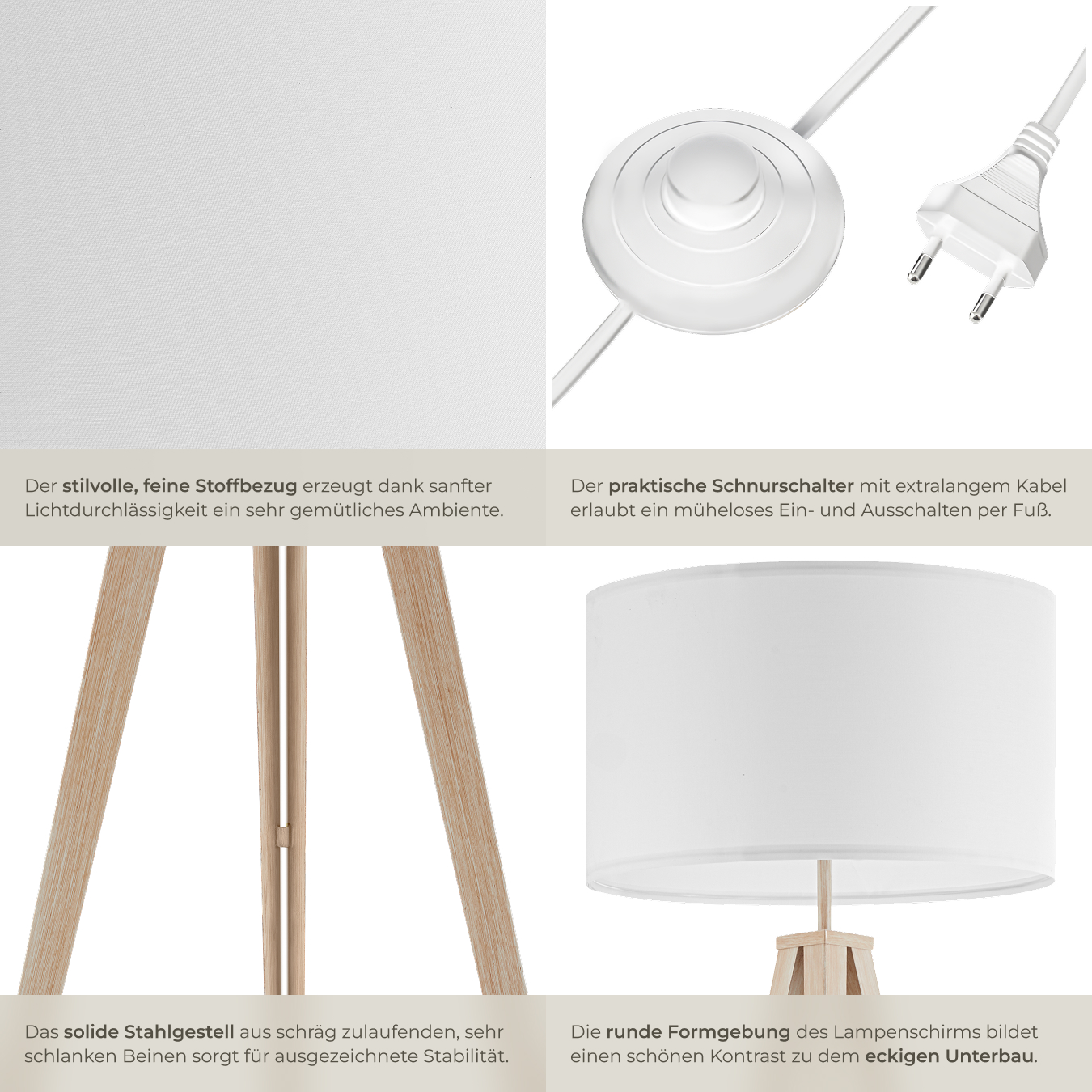 Dreibein Stehleuchte Textilschirm Lampe Beleuchtung Stehlampe Standleuchte 60W