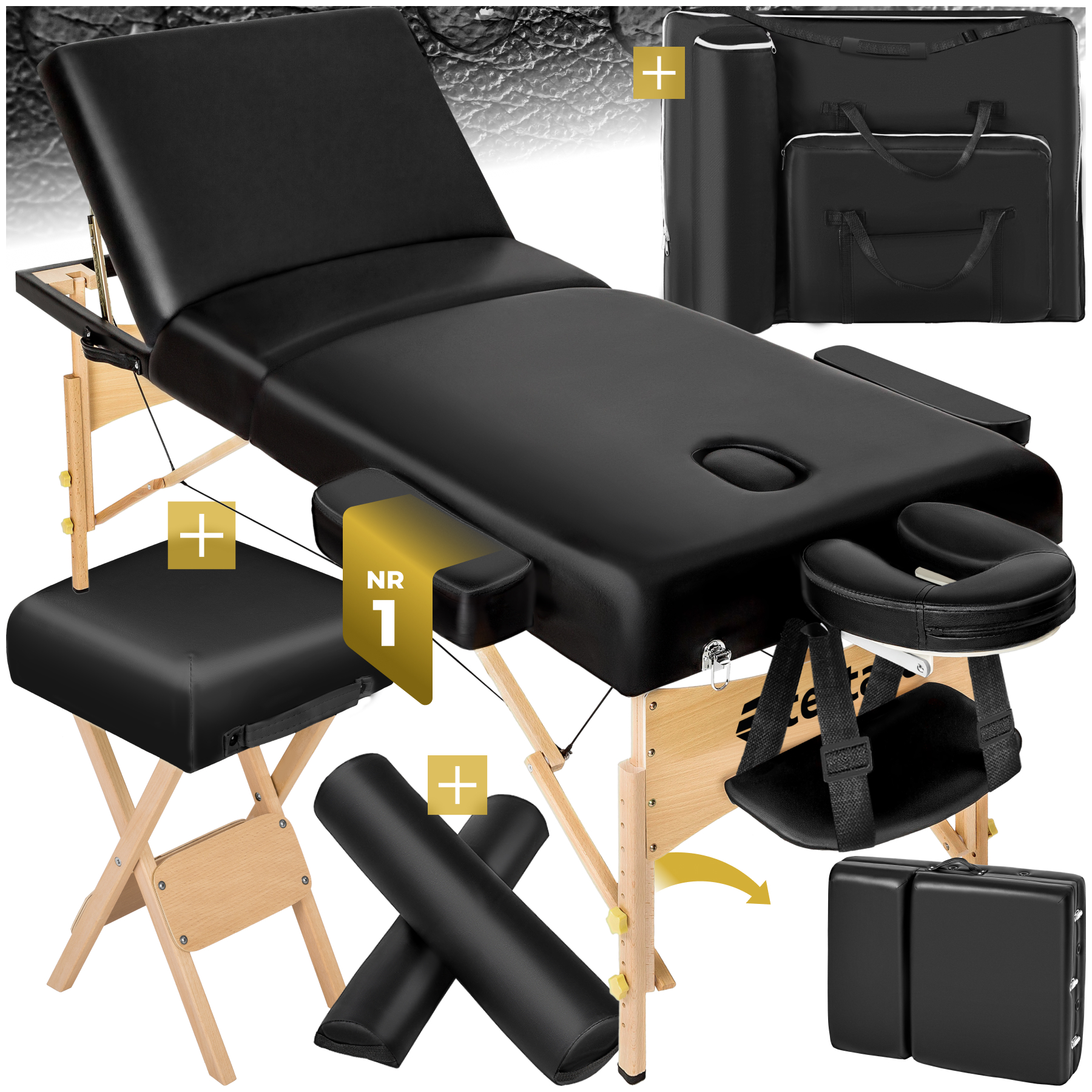 3 Zonen Massageliege-Set mit 10cm Polsterung, Lagerungsrollen und Holzgestell - schwarz