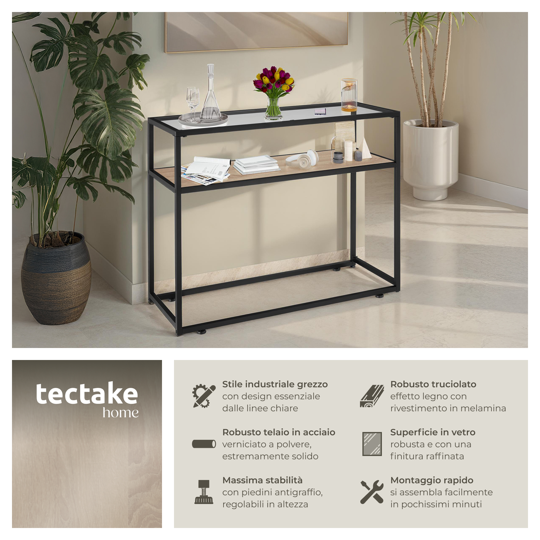 Tavolo console vetro corridoio tavolino appoggio 2 ripiani legno metallo - Foto 15 di 25